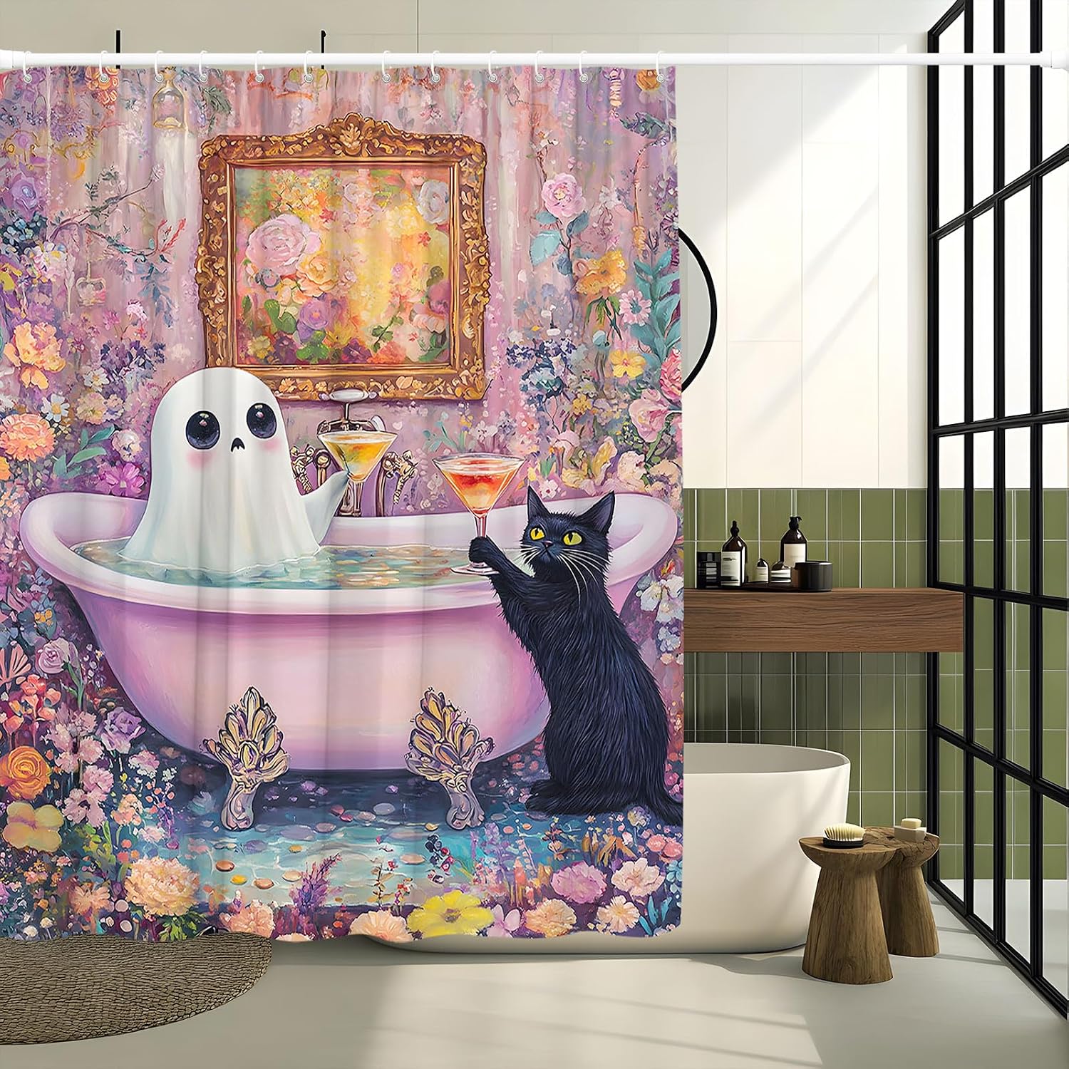 Funny Ghost Shower Curtain Spooky Pink Floral Cute Ghost Takes a Bath Tub in Flower Halloween Black Cat Dark Academia Bathtub Halloween Animals Nature Scenery Decorative Curtain Polyester Fabric