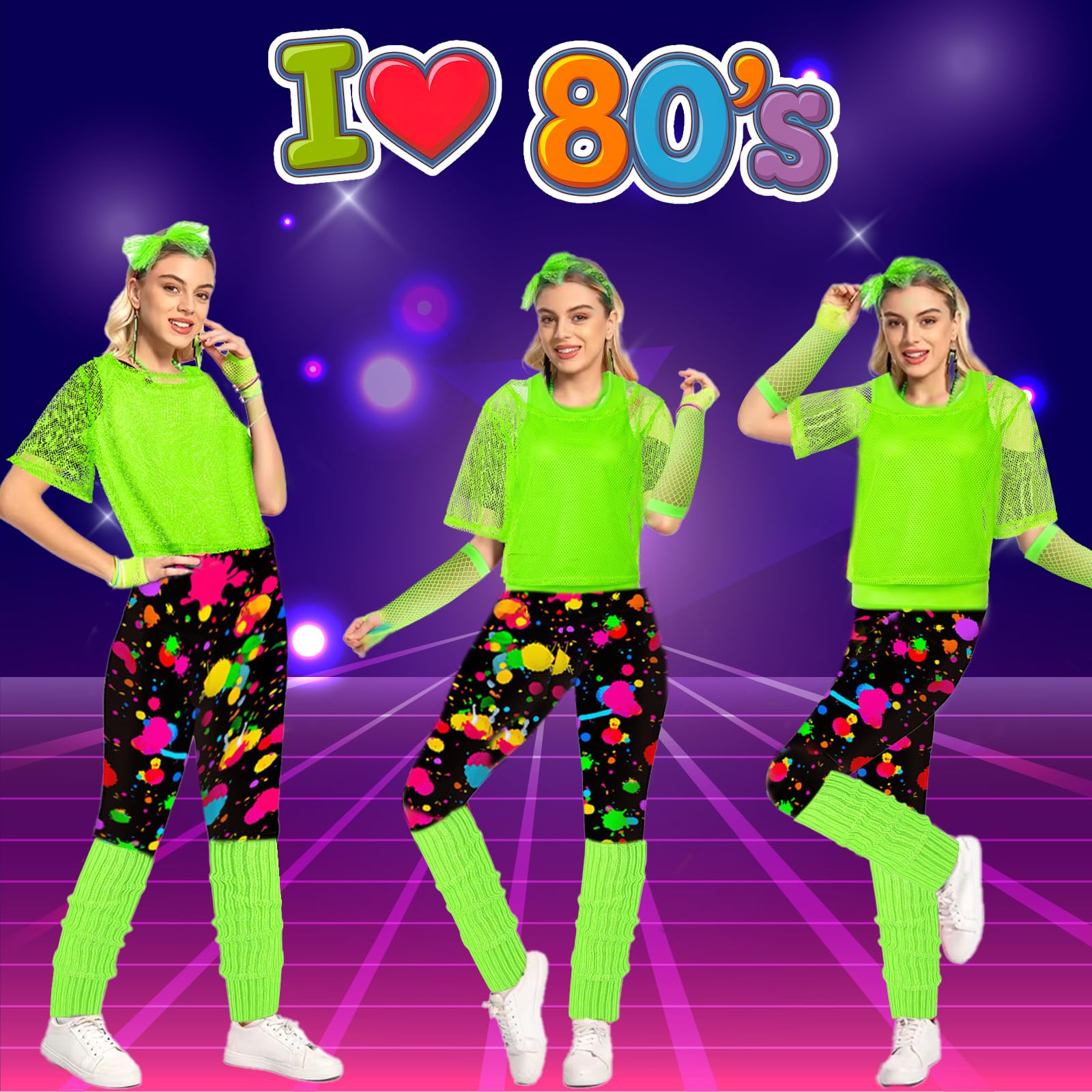 Costume Anni 80 Donna Con Accessori Neon | 26 Pezzi Per Feste A Tema | Taglie M, L, XL - Foto 4
