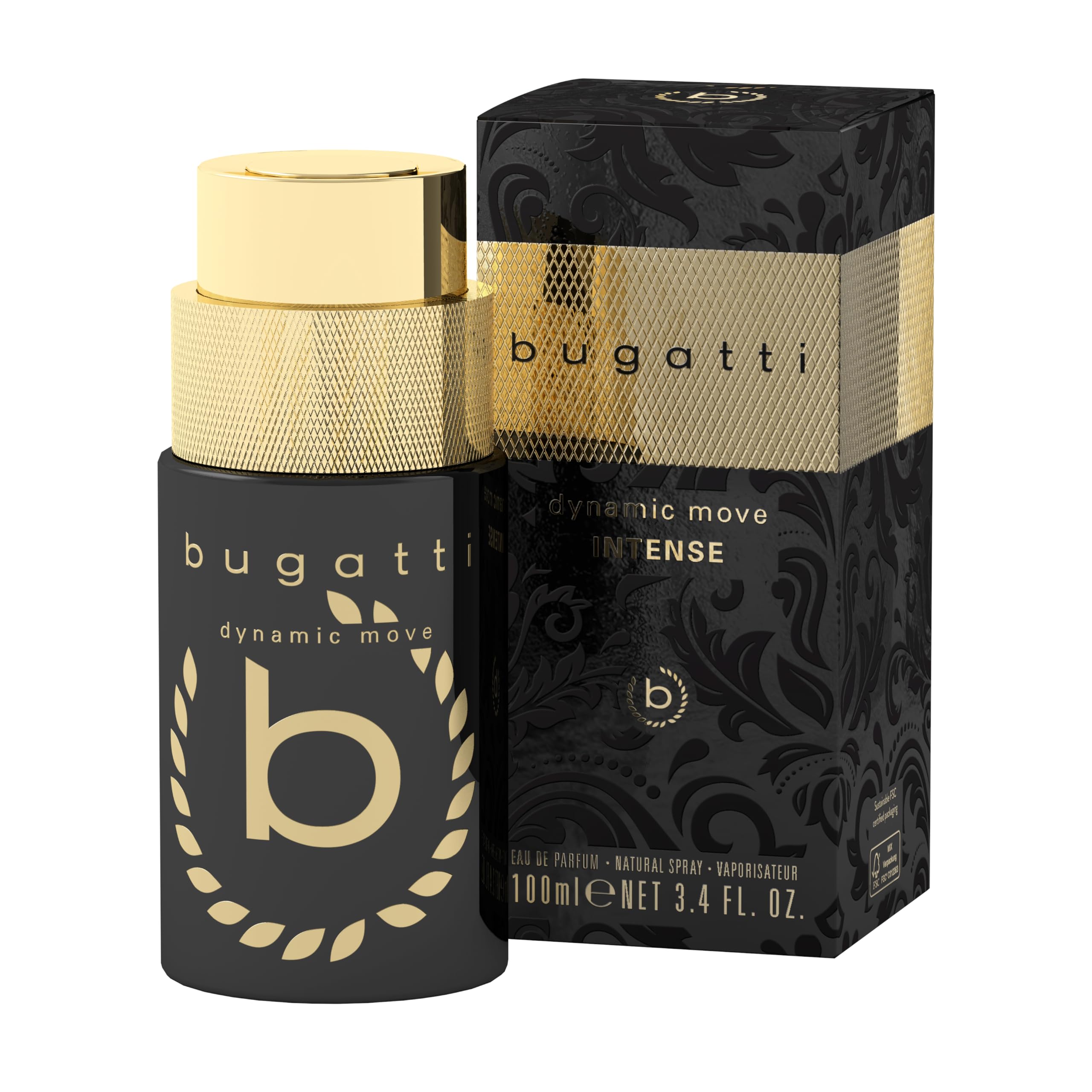 bugatti dynamic move intense Parfum pour homme 100 ml I Eau de toilette ambrée épicée I Parfum pour homme avec nuances de citron, noix de coco, patchouli, vanille et bois de santal I Parfum souverain