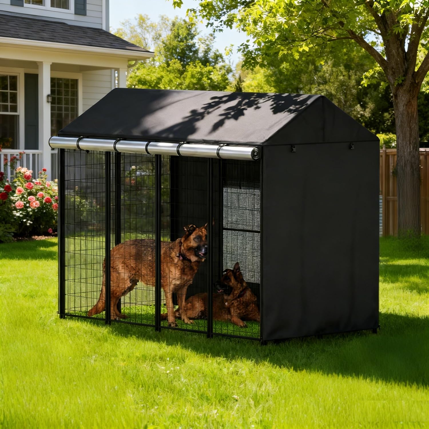 Outdoor Dog Kennel Cover for Dog Cages 8'D x 4'W x 6'H Full Coverage, 1200D Heavy Duty Silver-Coated Interior Waterproof Enclosure Covers with Mesh Windows, (Cover Only)