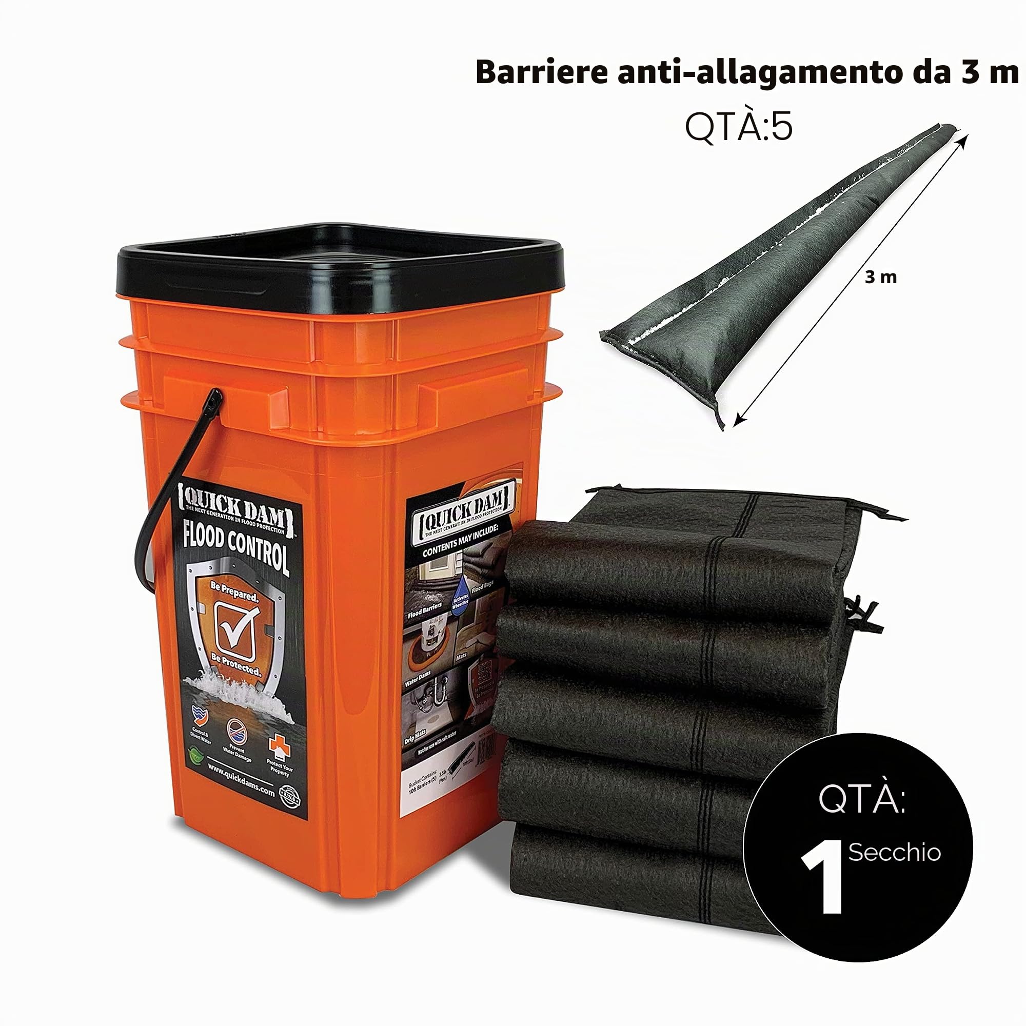 Quick Dam, Grab & Go, Kit per inondazione, include barriere di inondazione da 1,5 a 3 m in un secchio