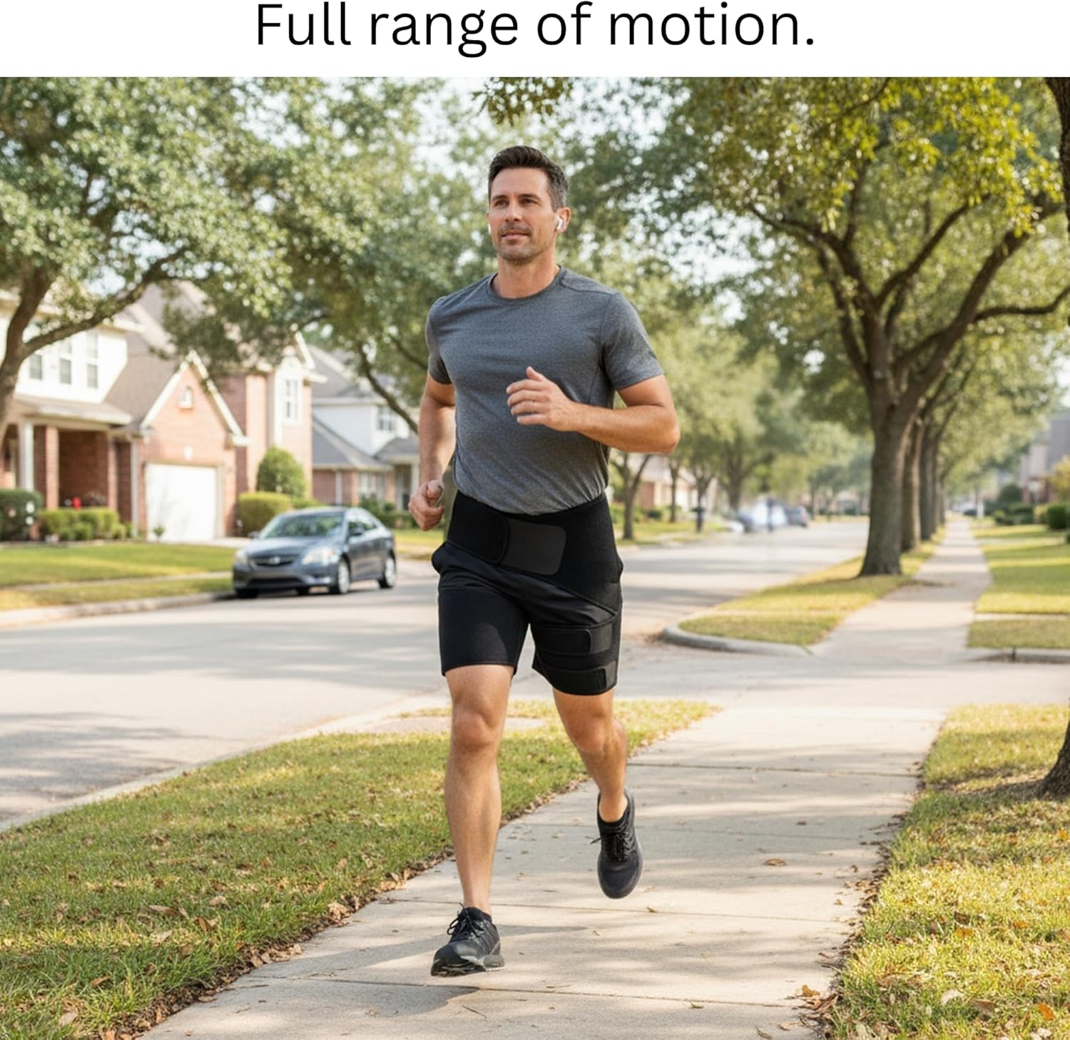 Man running outdoors on a tree-lined street while wearing the Roxofit Sciatica Pain Relief Hip Brace, demonstrating its design that allows full range of motion during activity.