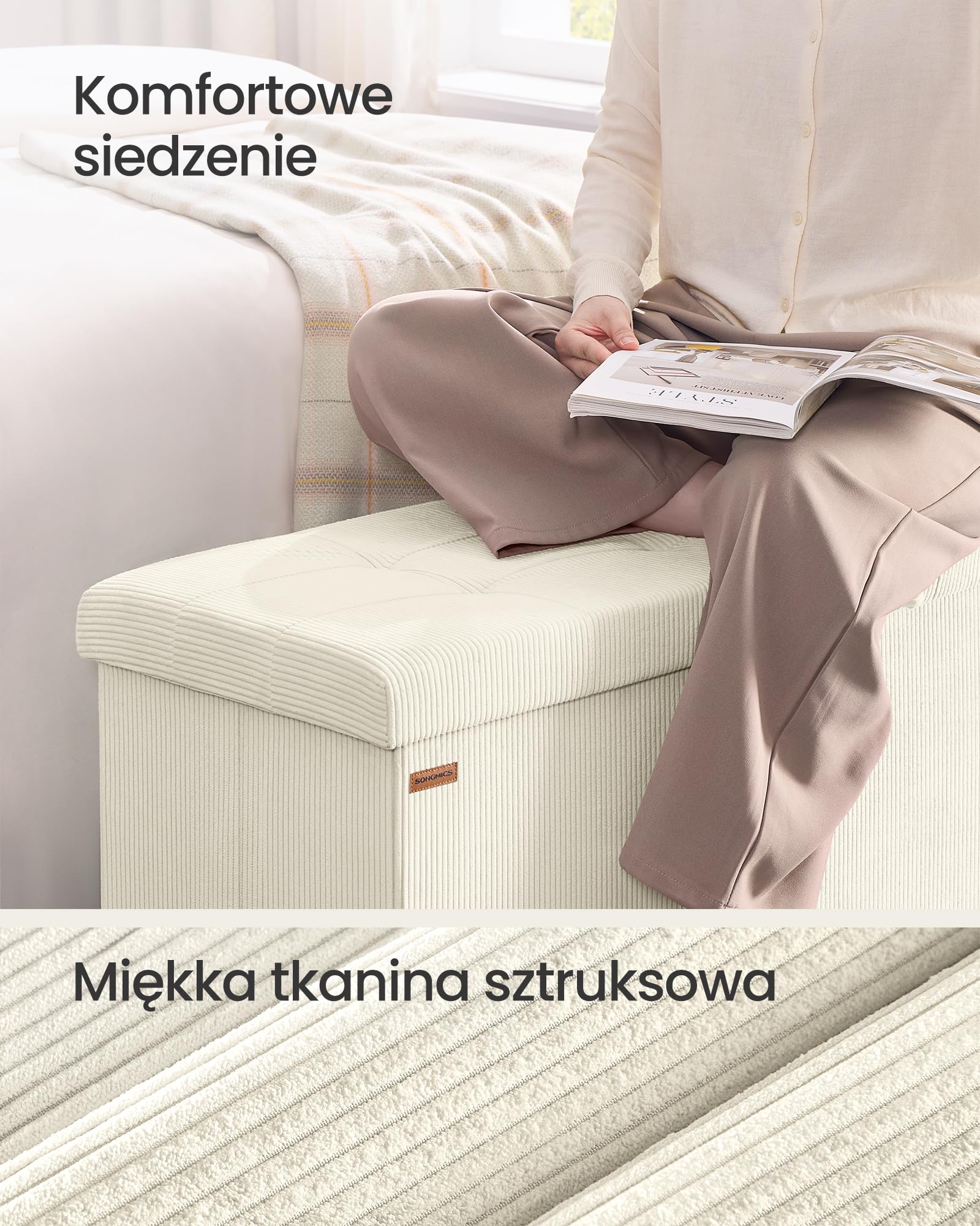 SONGMICS Podnóżek ze schowkiem, składana ławka, 38 x 76 x 38 cm, podnóżek, sofa rozkładana, pojemnik na rzeczy, ładowność do 300 kg, salon, sypialnia, korytarz, kremowo-biały LSF603W01