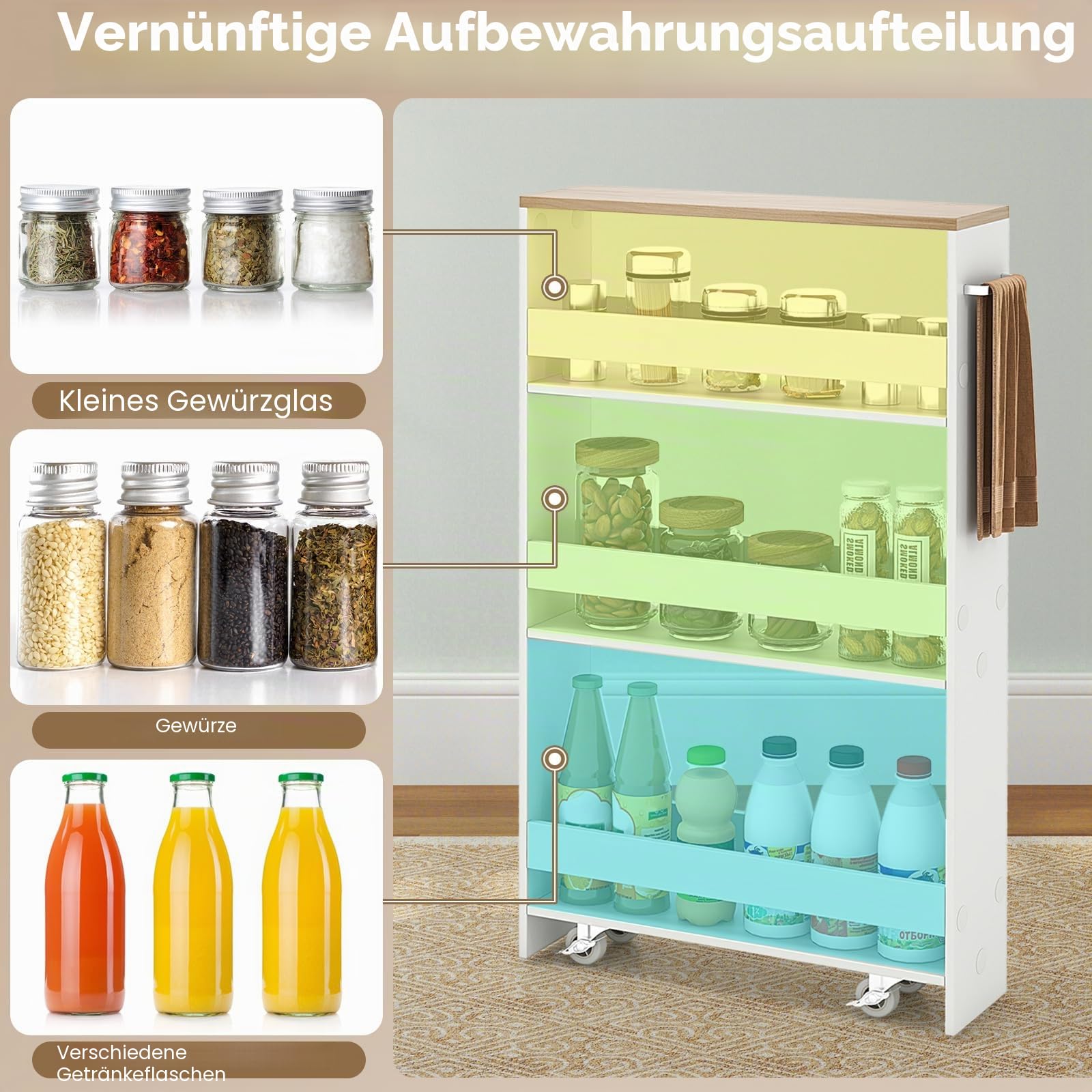 FANTASK Nischenwagen 13cm breit, Küchenregal auf Rollen mit Griff & Geländern, 4 Etagen Nischenwagen, Badregal platzsparend für Küche, Badezimmer, 47,5x13x80,5cm (Weiß+Natur)