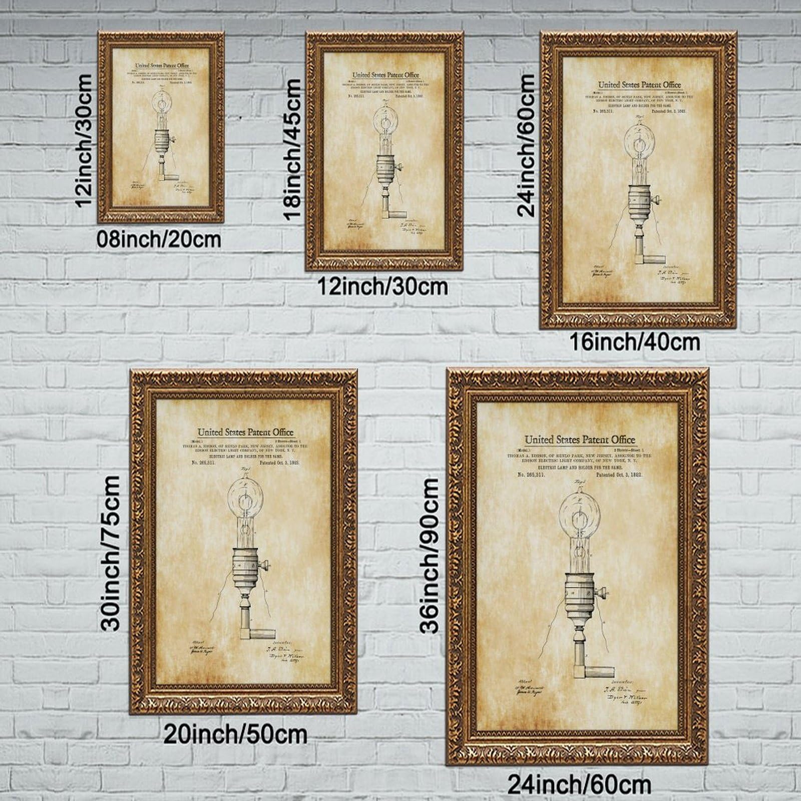 WCYB Lampa elektryczna Patent Nadruk Thomas Edison Vintage Plakaty Druki Płótno Deco Obrazy Sztuka Ścienna Wisząca Rama 20 cm L X 30 cm W