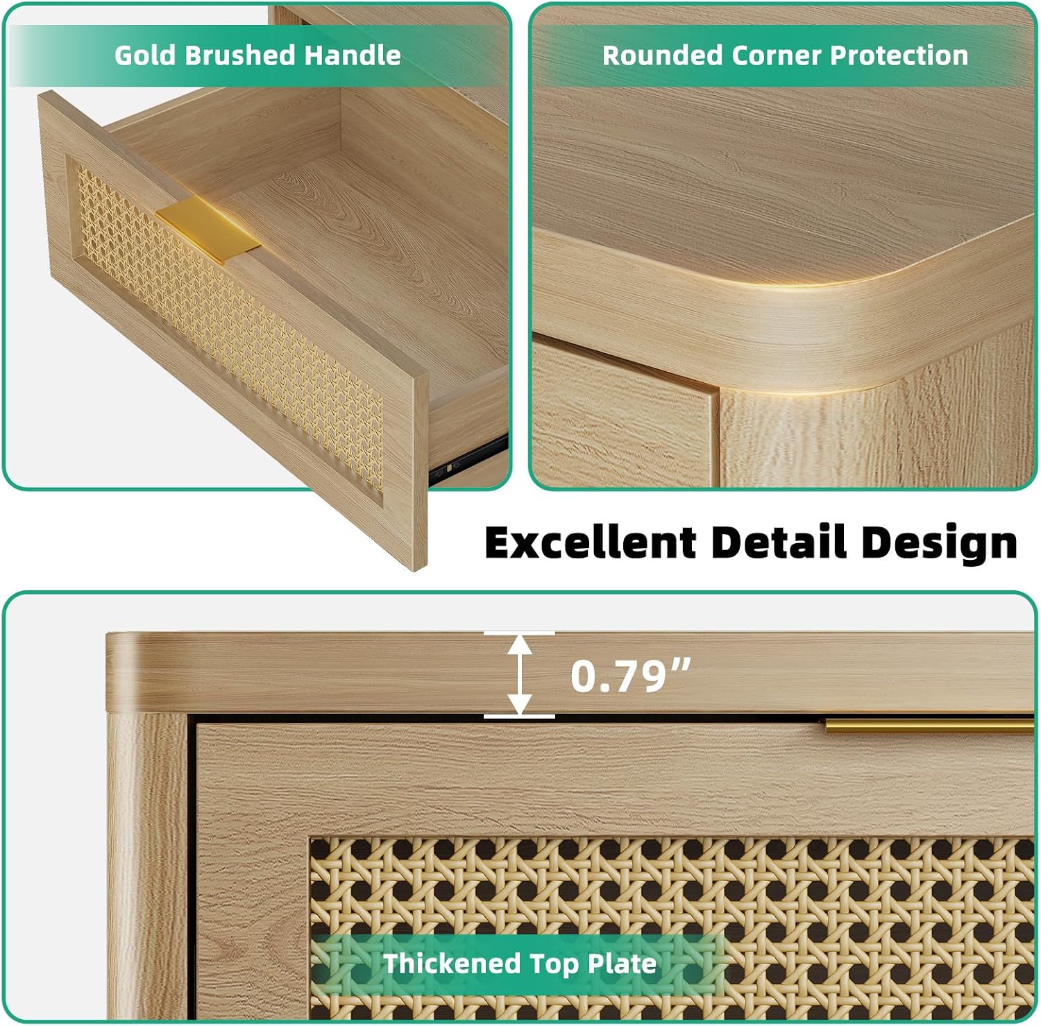 Kalrin Rattan Nightstands, Bedside Table - Larger Night Stand with Charging Station, 3 Drawers Storage, Boho Night Stands End Table for Bedroom Office (Light Oak)