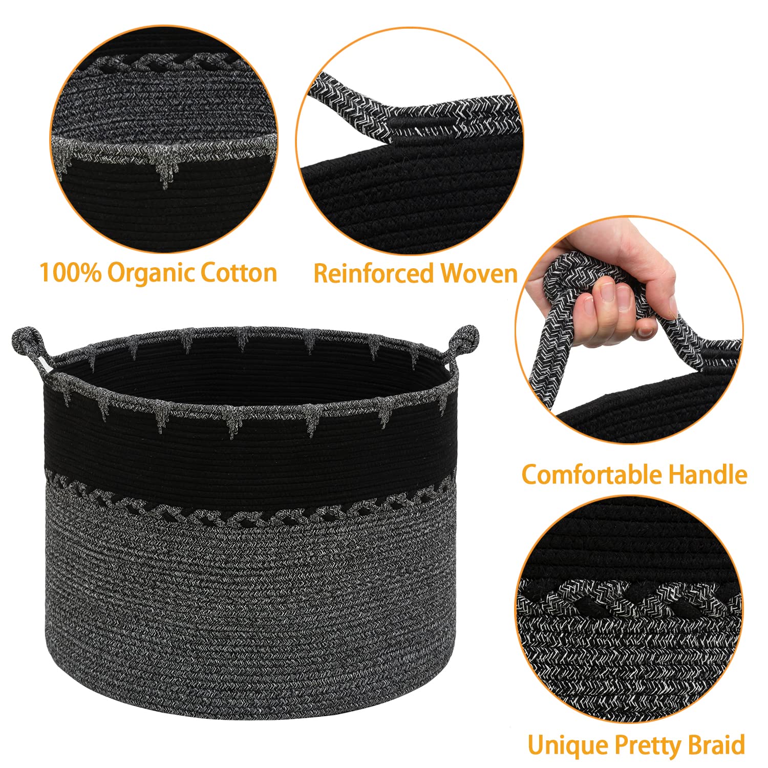 XXXXXL - Cestas de cuerda grandes para manta de 66 x 66 x 45 cm, cestas tejidas organizadoras para almacenamiento para mantas, cesta de lavandería para juguetes, cesta de almacenamiento con asa