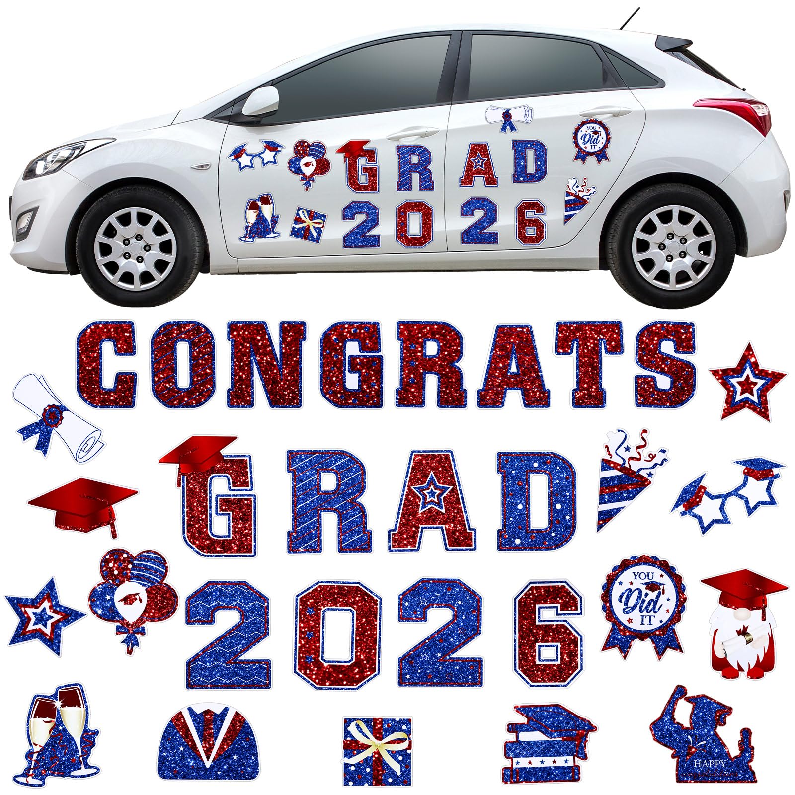 Photo 1 of Landhoow 30 Pcs Graduation Car Magnets 2026 Senior Graduation Car Decoration Bumper Sticker Congrats Grad Magnet Magnetic Refrigerator Decal for Grad Parade Party Supplies(Red, Blue)