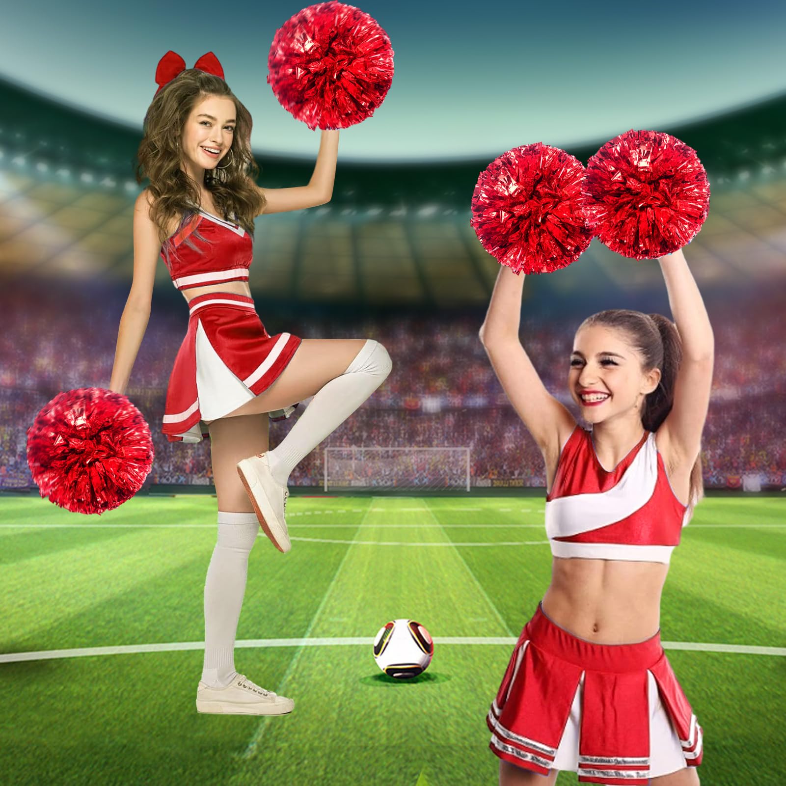 3 Piezas Pompoms Animadoras, Pompones de Animadora con Asas, Pompones Animadora, Cheerleader Pompom para Deportes Team Spirit Cheering Reemplazo para Fiestas Pompones Deportivos (Rojo) — view 6