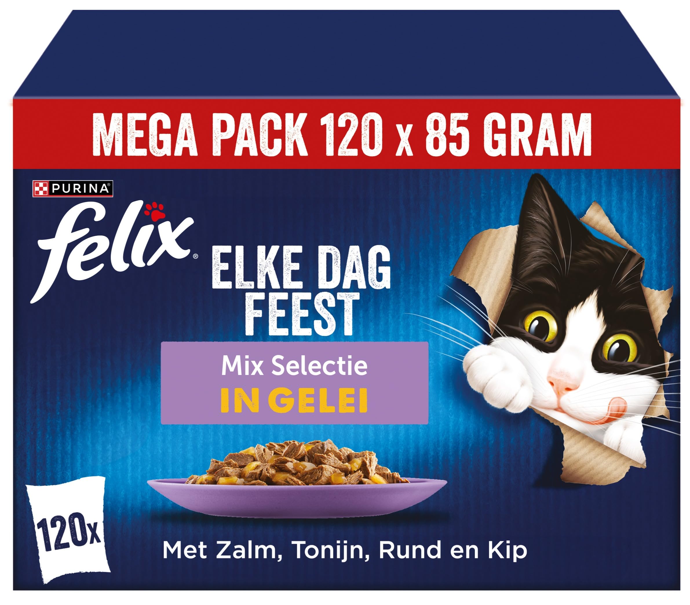 Felix Cat Food Wet in Jelly, Variety of Flavours, Large Pack of 120 (120 x 85 g) Beef, chicken, tuna, salmon