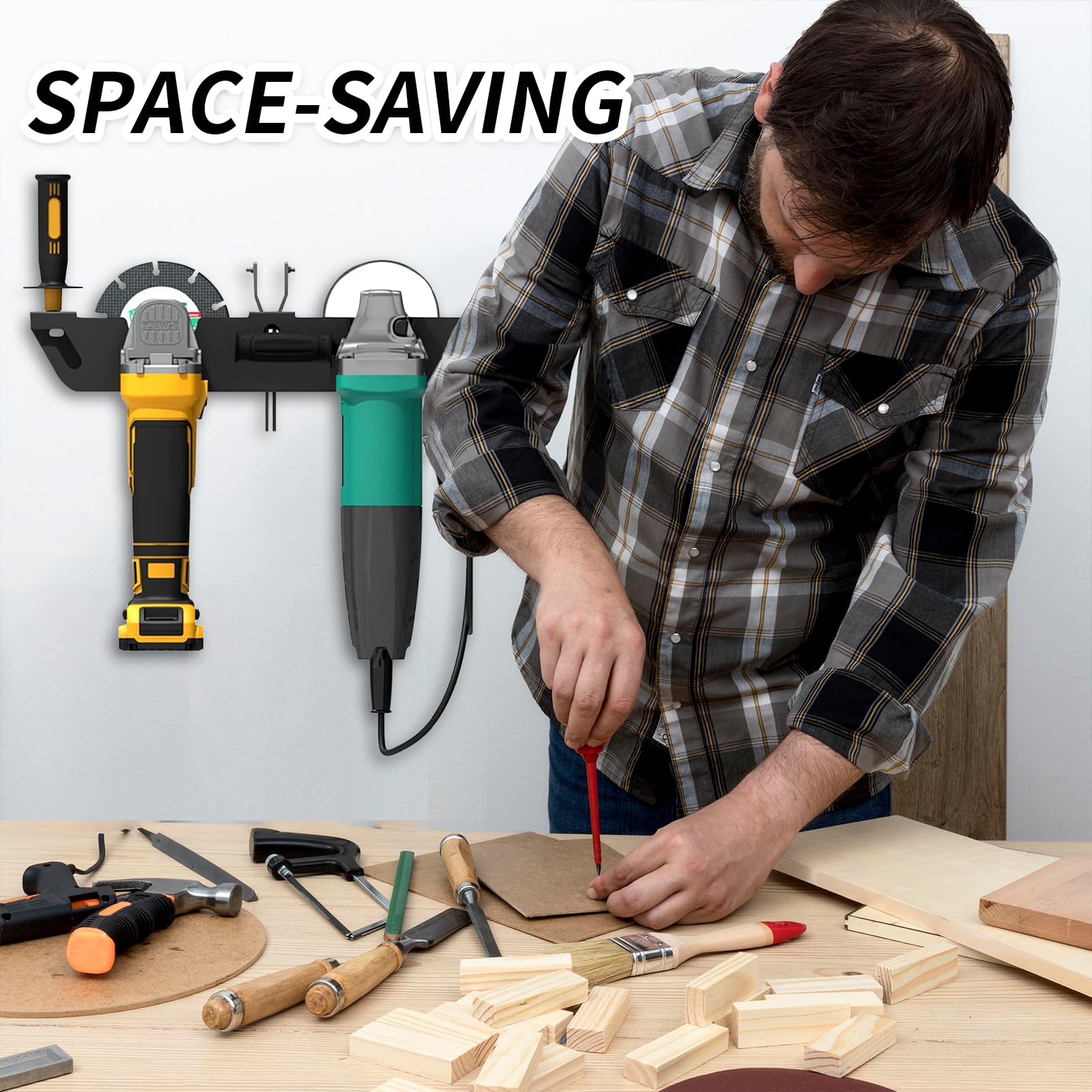 Soporte Para Amoladora Angular,Con 2 Compartimentos Soporte De Pared Para Amoladora Angular Con Suspensión De Cable y Soporte De Disco, Compartimento De Almacenamiento Para Pulidora