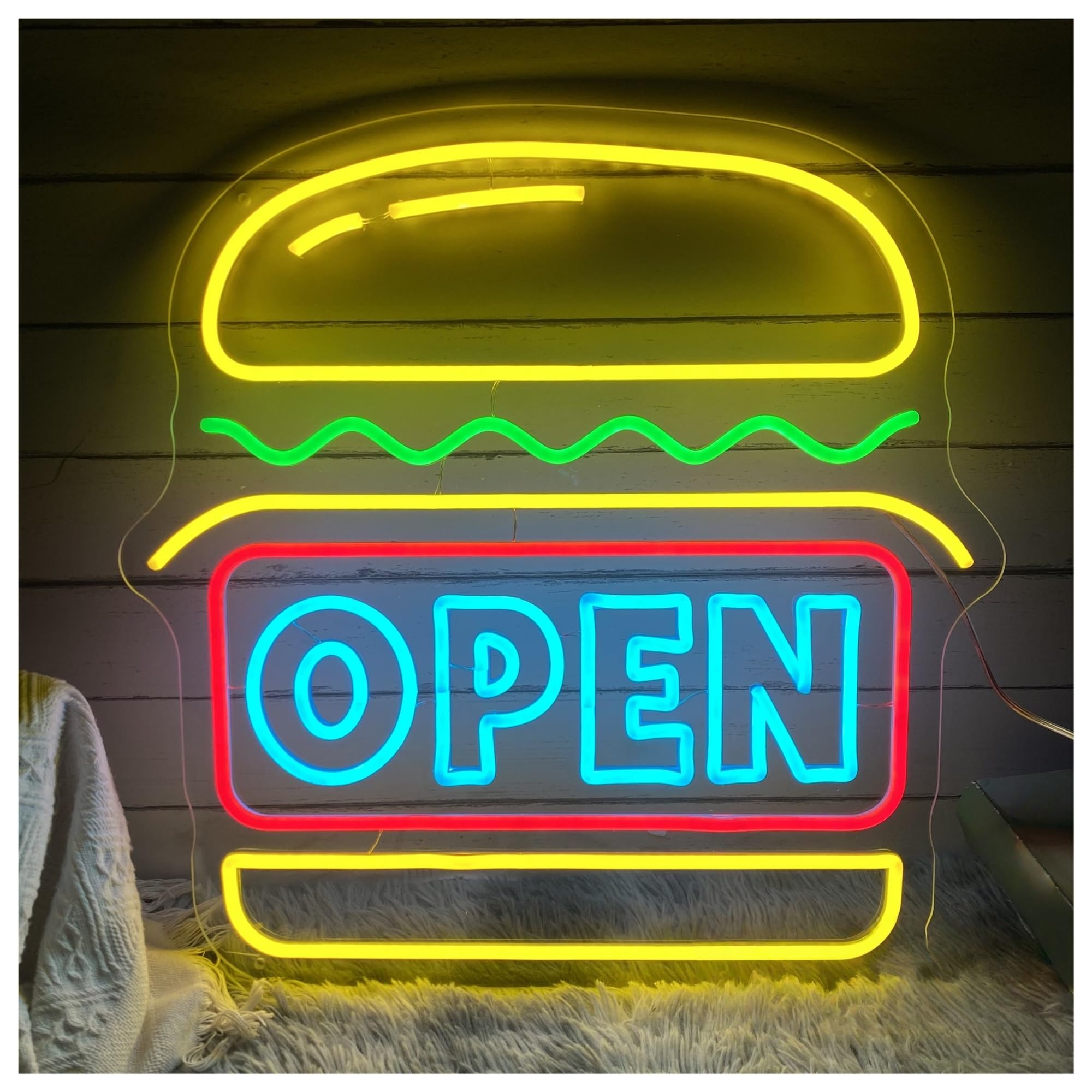 SHOUXI Sign Lamp Burger Open Neon Sign Hamburger Light, for Restaurant Home Wall Decor Welcome 50cmx50cm(B)