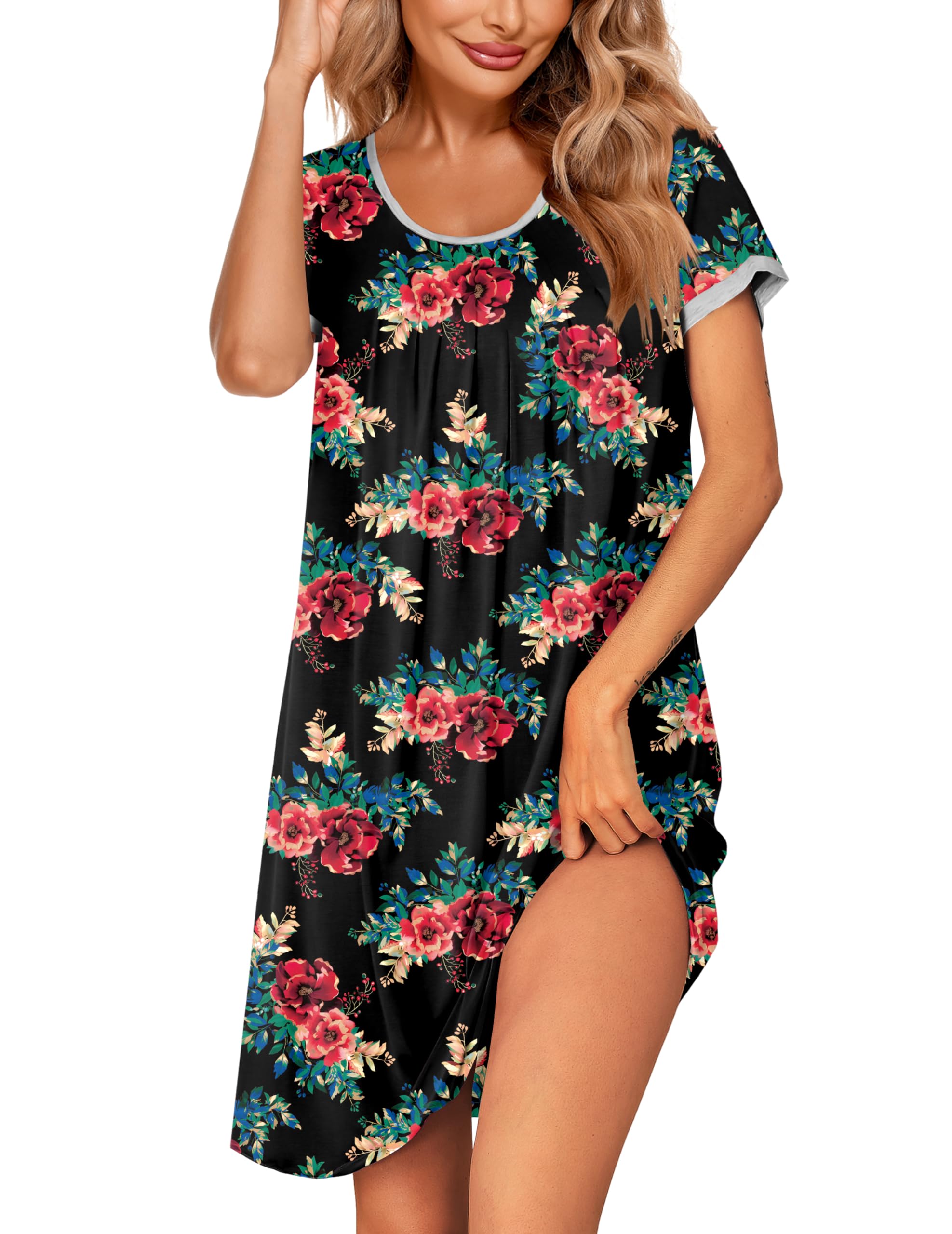 Ekouaer Women's Nightgown Short Sleeve Sleepwear Comfy Sleepshirts Pleated Scoopneck Nightshirt S-XXXL