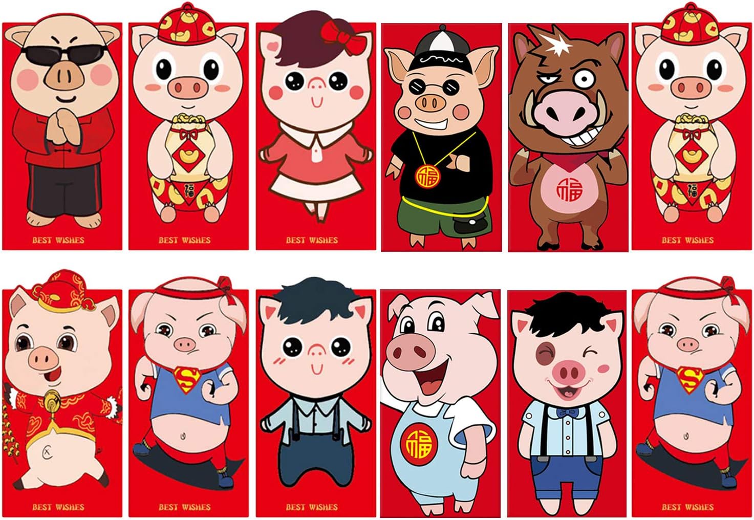 Winthai red envelopes, invitation red, 12 pieces, different patterns, 2019, Chinese pig, new year, spring festival, red envelopes Hong Bao lucky packets, 17 x 9 cm, vertical.