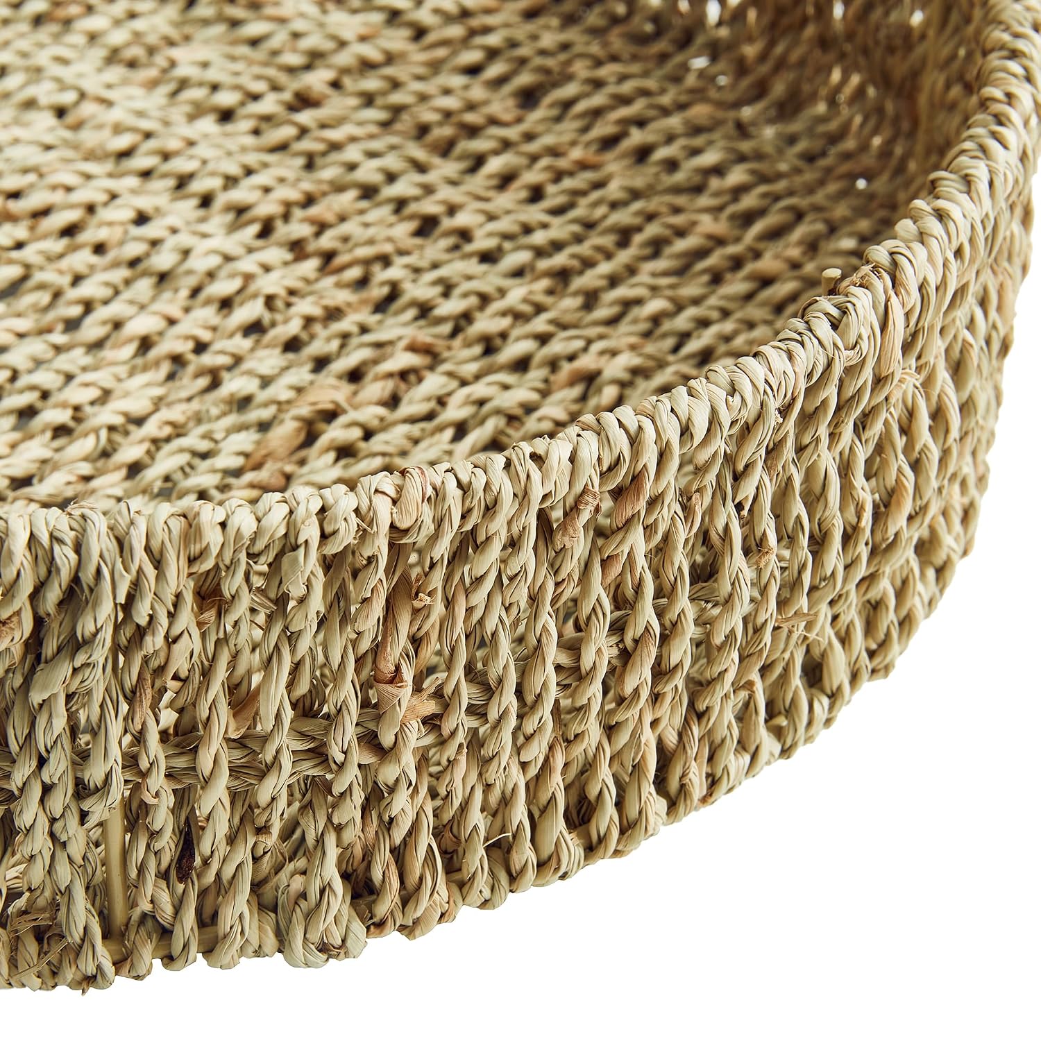 JS HANGER Round Woven Seagrass Wicker Serving Tray - 13inch Coffee Table Ottoman Tray with Handles, Decorative Storage Basket for Home & Kitchen