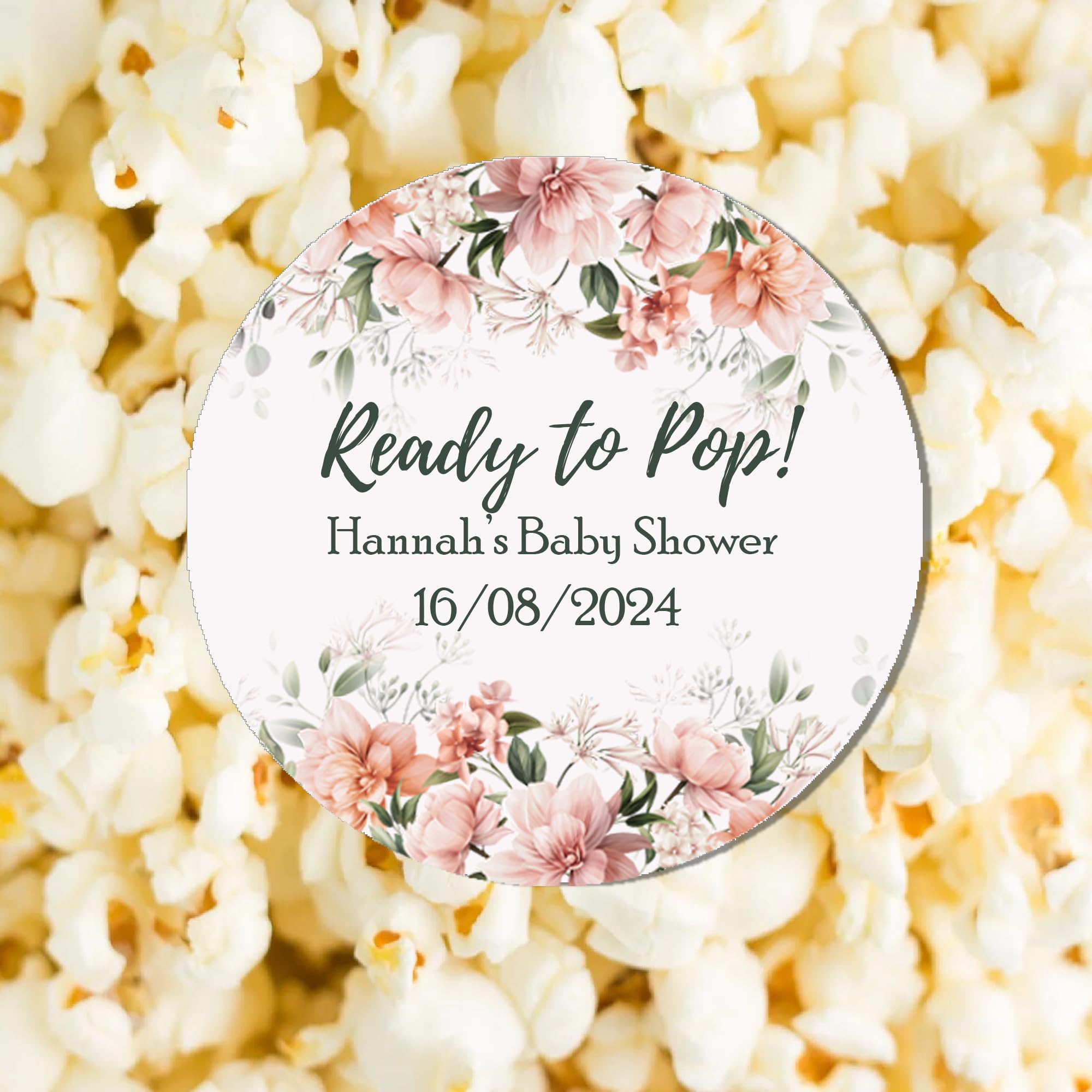 Personalised Baby Shower Stickers Thank You Popcorn Cone Stickers, Favour Bag Stickers, Ready to Pop, New Born, Gender Reveal - Peach Floral