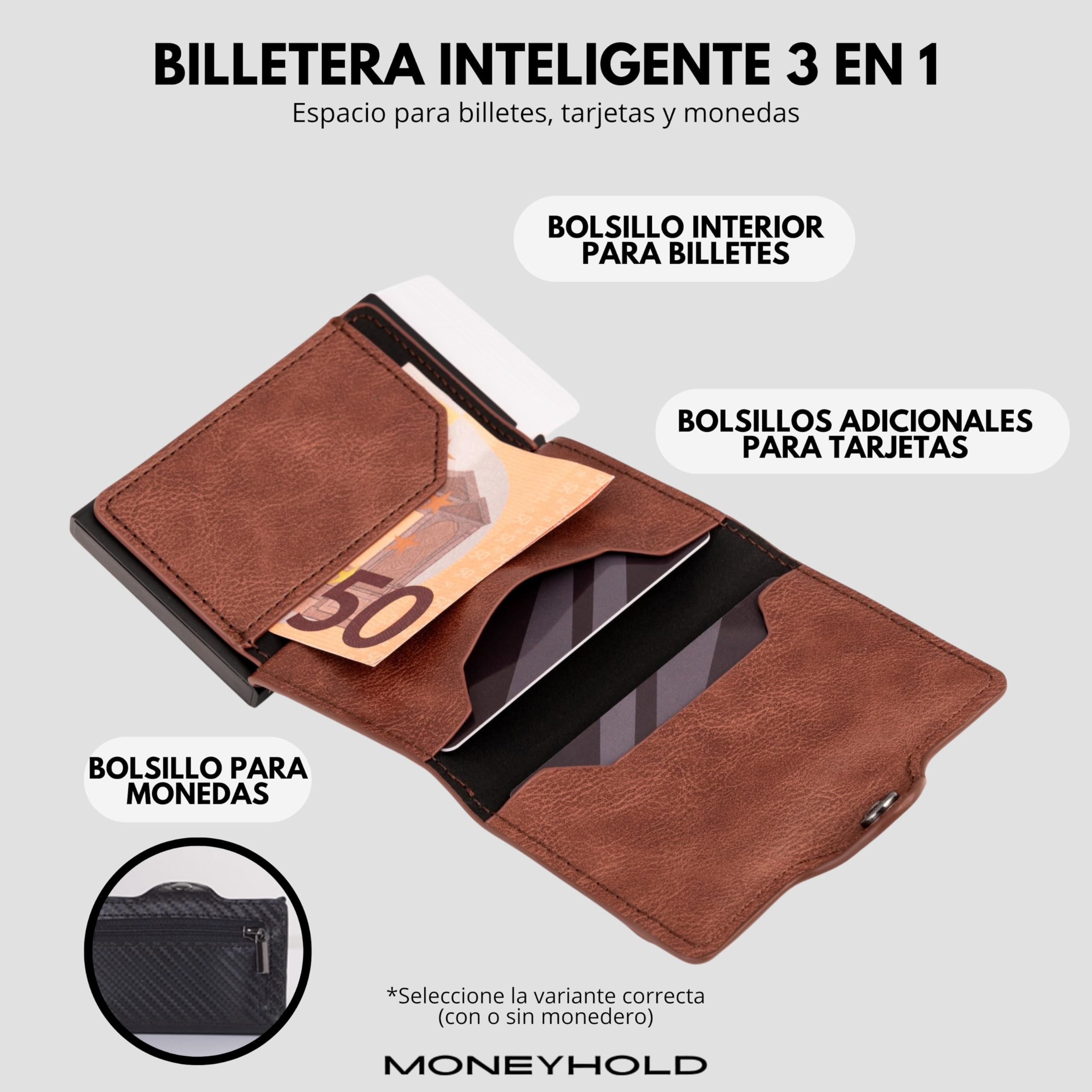 Moneyhold® - Tarjetero Antirrobo RFID - Cartera Hombre y Mujer - Cartera Pequeña de Piel Vegana, con Monedero - Diseño Slim y Compacto