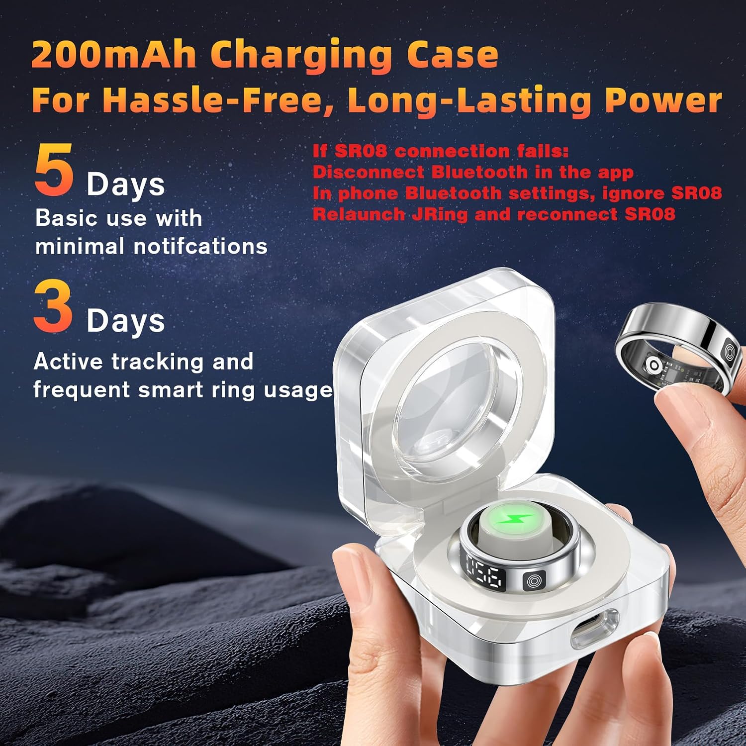 Image of the smart ring charging in its transparent charging case, highlighting 5 days basic use and 3 days active use