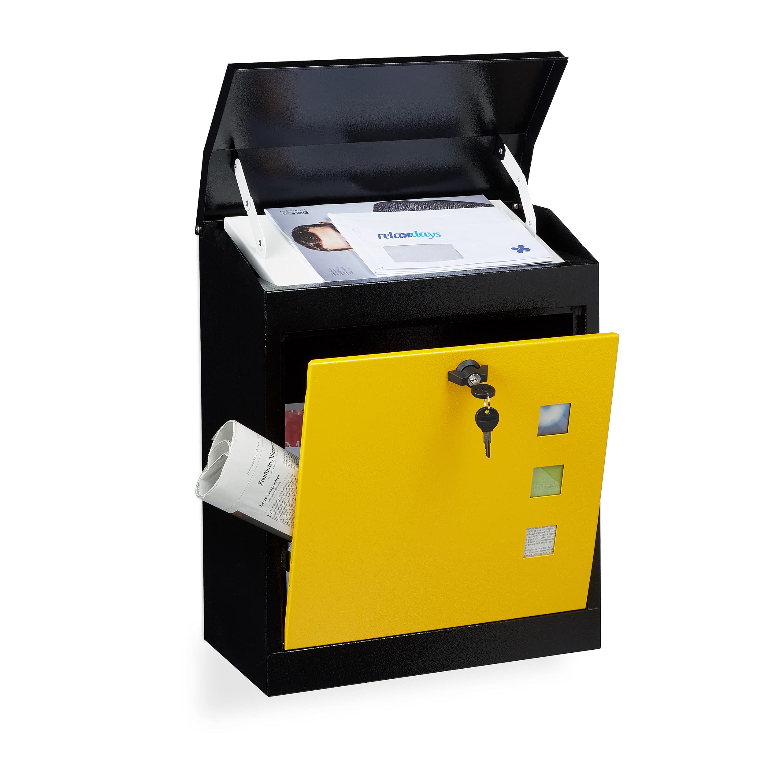 Relaxdays Buzón Correos Exterior Grande, Pared, Tapa Seguridad, Llave, Acero, 1 Ud., 53 x 43,5 x 26 cm, Negro-Amarillo