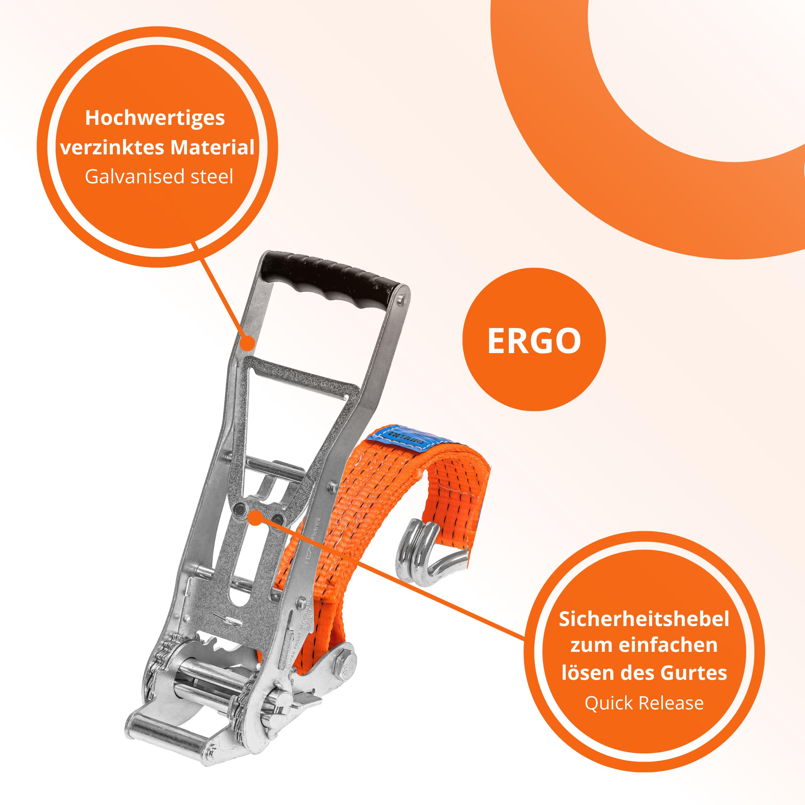 INTAKO Cinta de Trincaje con Tensor Ratchet Ergonómico - 50mm 5000KG 8M - Sistema de Amarre Completo para Camión - 2 Piezas de Cinchas de Amarre y 2 Protectores de Bordes (10m)