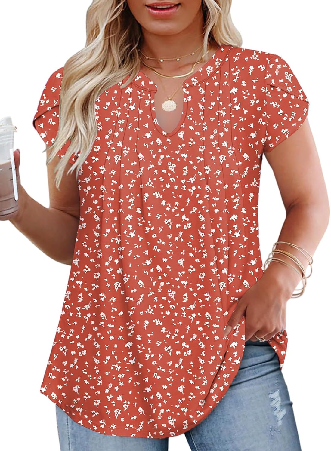 VISLILY Plus-Size-Summer-Tops for Women Dressy V Neck T Shirts Trendy Petal Short Sleeve Tunics Casual Pleated Blouses 1X-5X