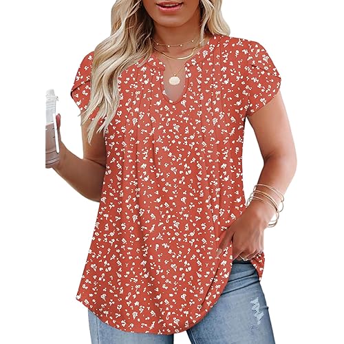 VISLILY Plus-Size-Summer-Tops for Women Dressy V Neck T Shirts Trendy Petal Short Sleeve Tunics Casual Pleated Blouses 1X-5X