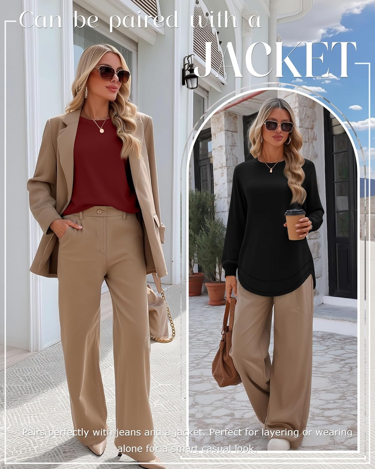 Ficerd 3 Pack Women's Long Sleeve Shirts, Cotton Crew Neck Tunic Tops Casual Loose Fit Pullover Sweatshirts Curved Hem Shirts - Image 3