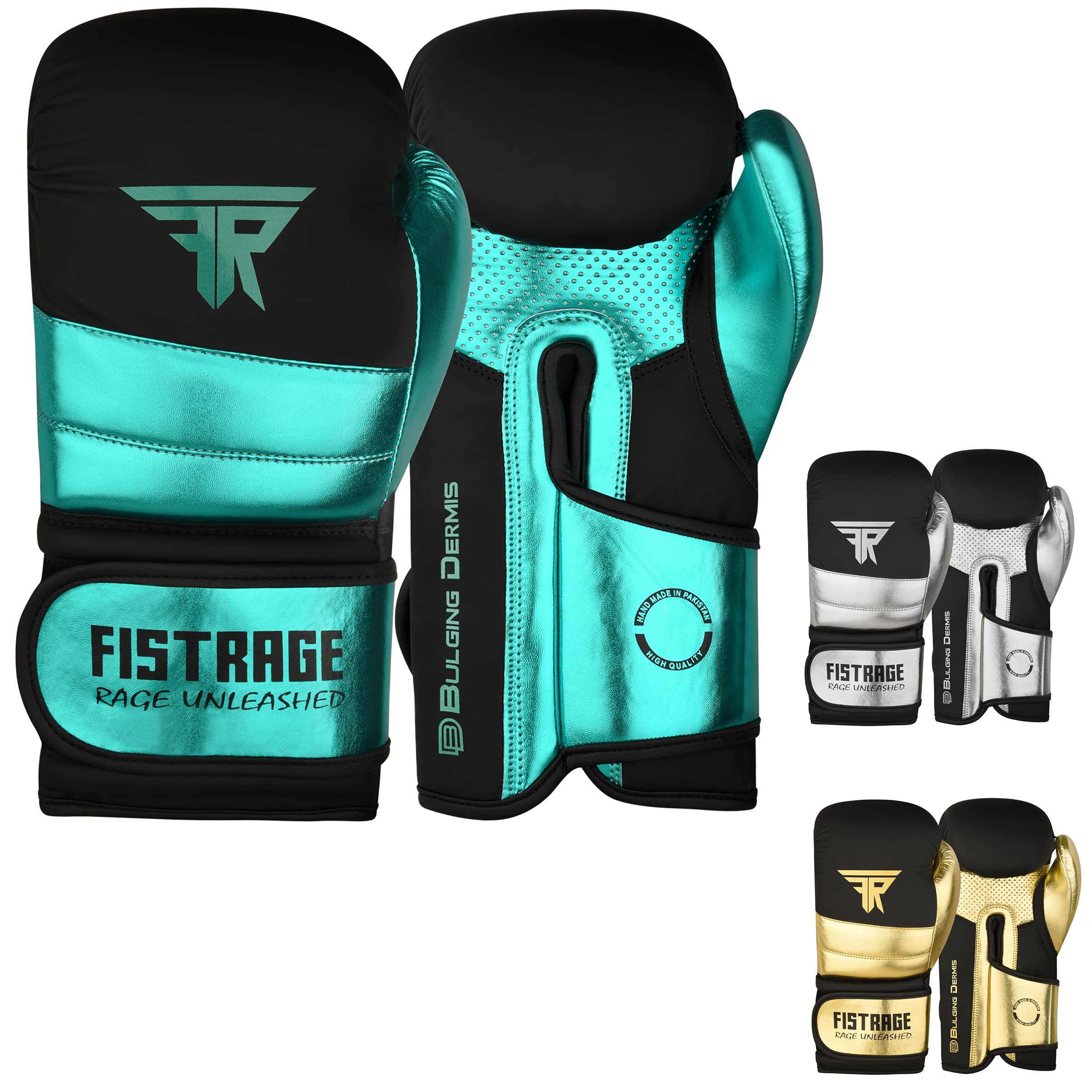 FISTRAGE Rękawice bokserskie, metaliczne, skórzane, MMA, trening muay thai, kickboxing, sparingi, ciężka torba, rękawice treningowe, rękawice dla mężczyzn i kobiet, fluoro-zielono-czarne, 400 ml