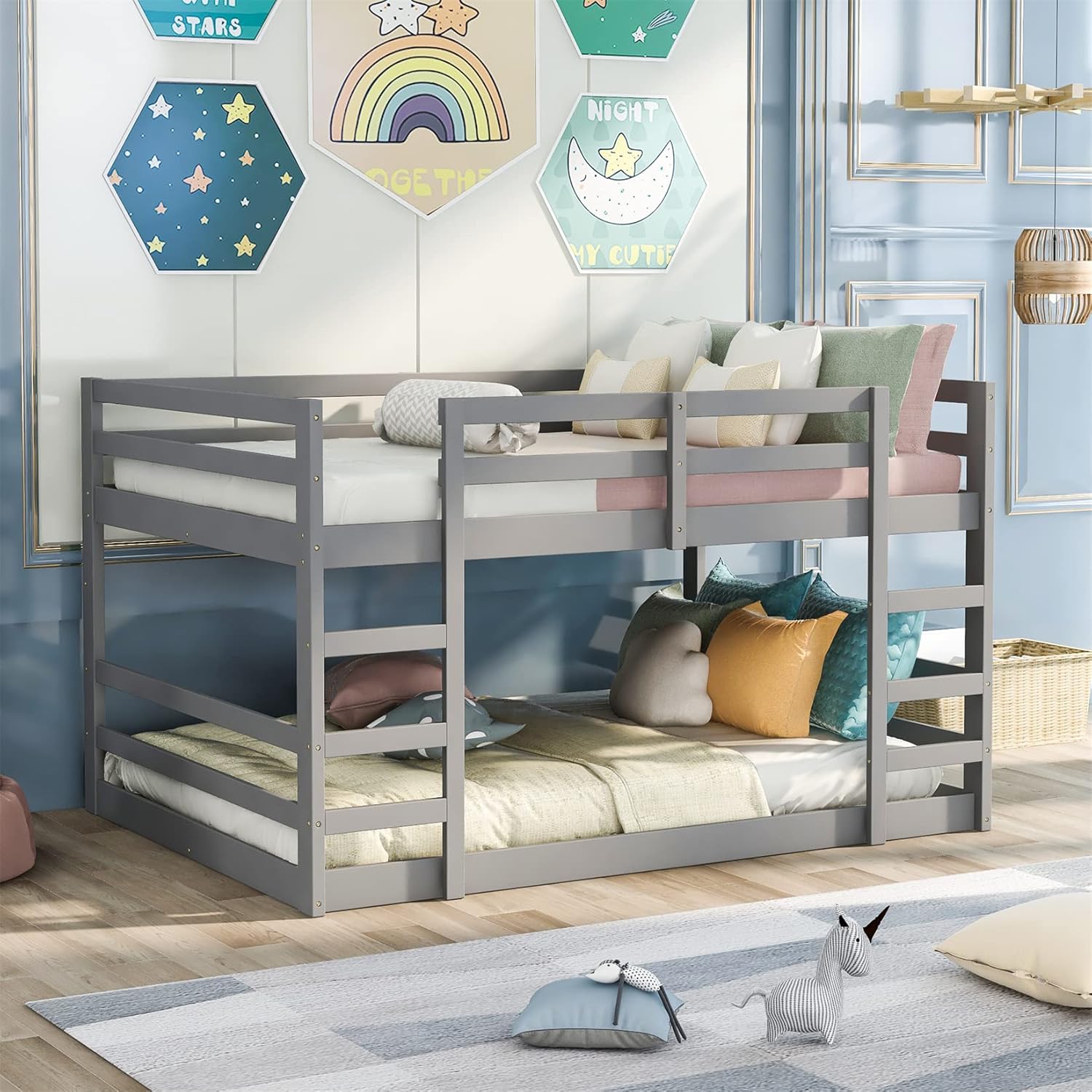 Bellemave Bunk Beds Full Over Full Low Bunk Bed Frame Wood Floor Bunkbed for Boys Girls Teens’ Bedroom Dorm, Gray