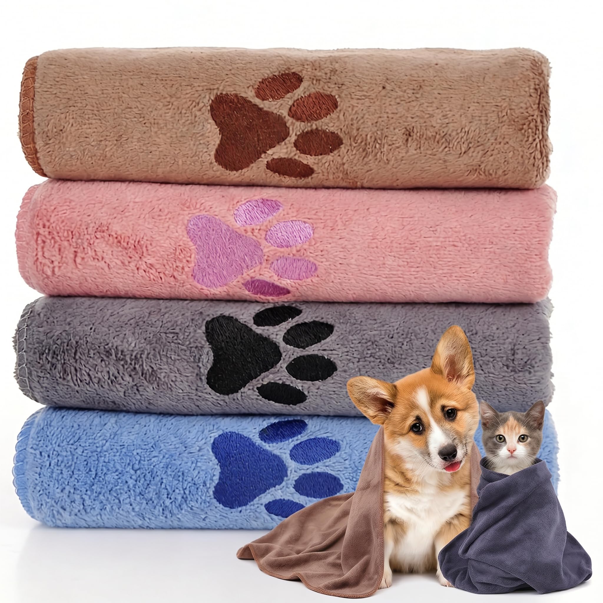 Flhlxzm 4 Pcs Quick Drying Dog Towels, Super Absorbent Microfibre Dog Towels for Drying Dogs Soft Durable Pet Bath Towel for Puppies Cats and Other Pets Bath Rain Travel (35 × 75 cm)