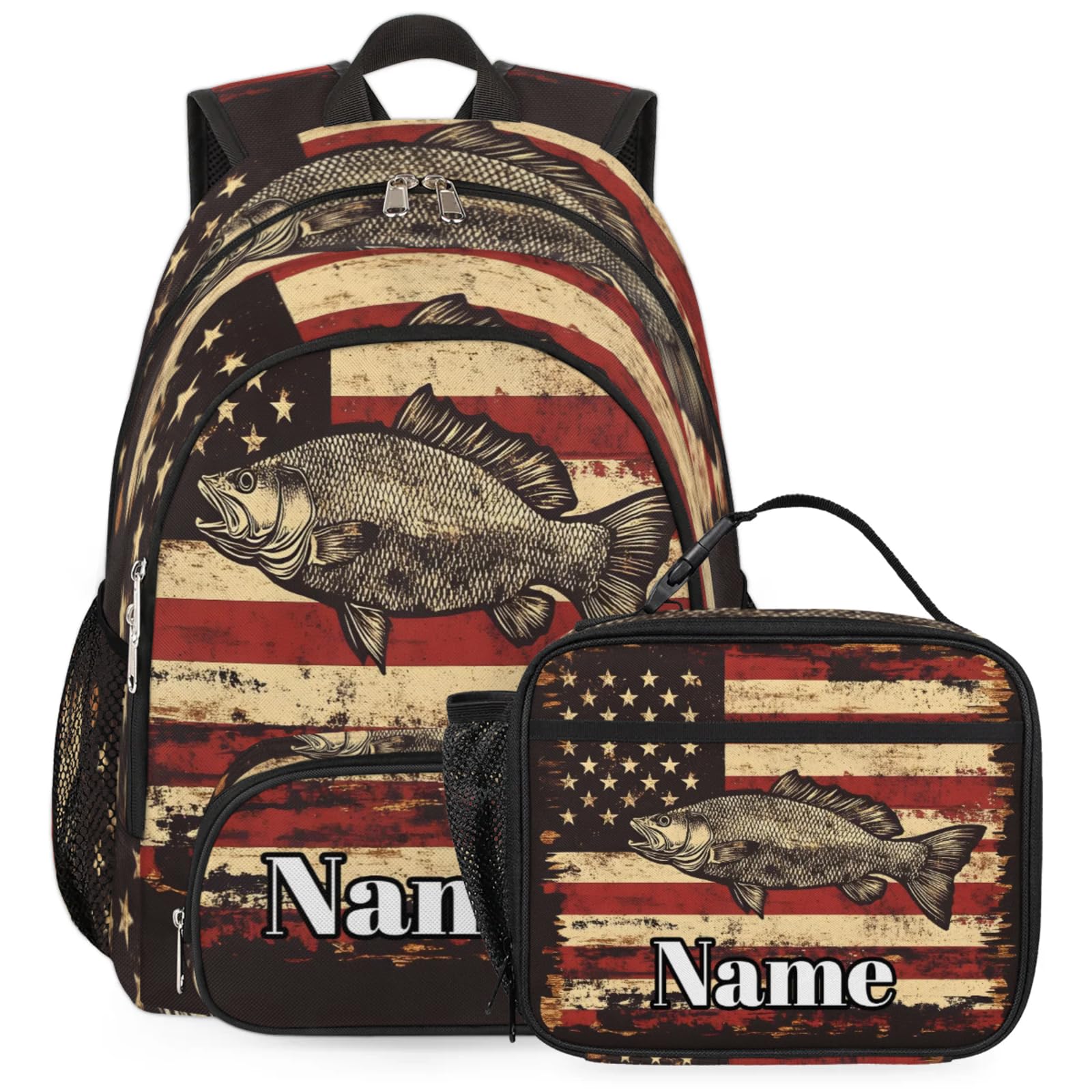 Opalaughs Custom Bass Fish Usa Flag Backpack with Lunch Box, Customized Multiple Backpack Lunch Bag Set with Name Personalized Shoulder Bag Casual