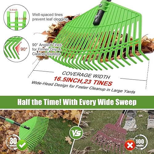 Miniatura 3 de Rastrillo de hojas resistente para césped, rastrillo de plástico grande de 16.5 pulgadas para hojas con púas reforzadas, herramienta de mango largo