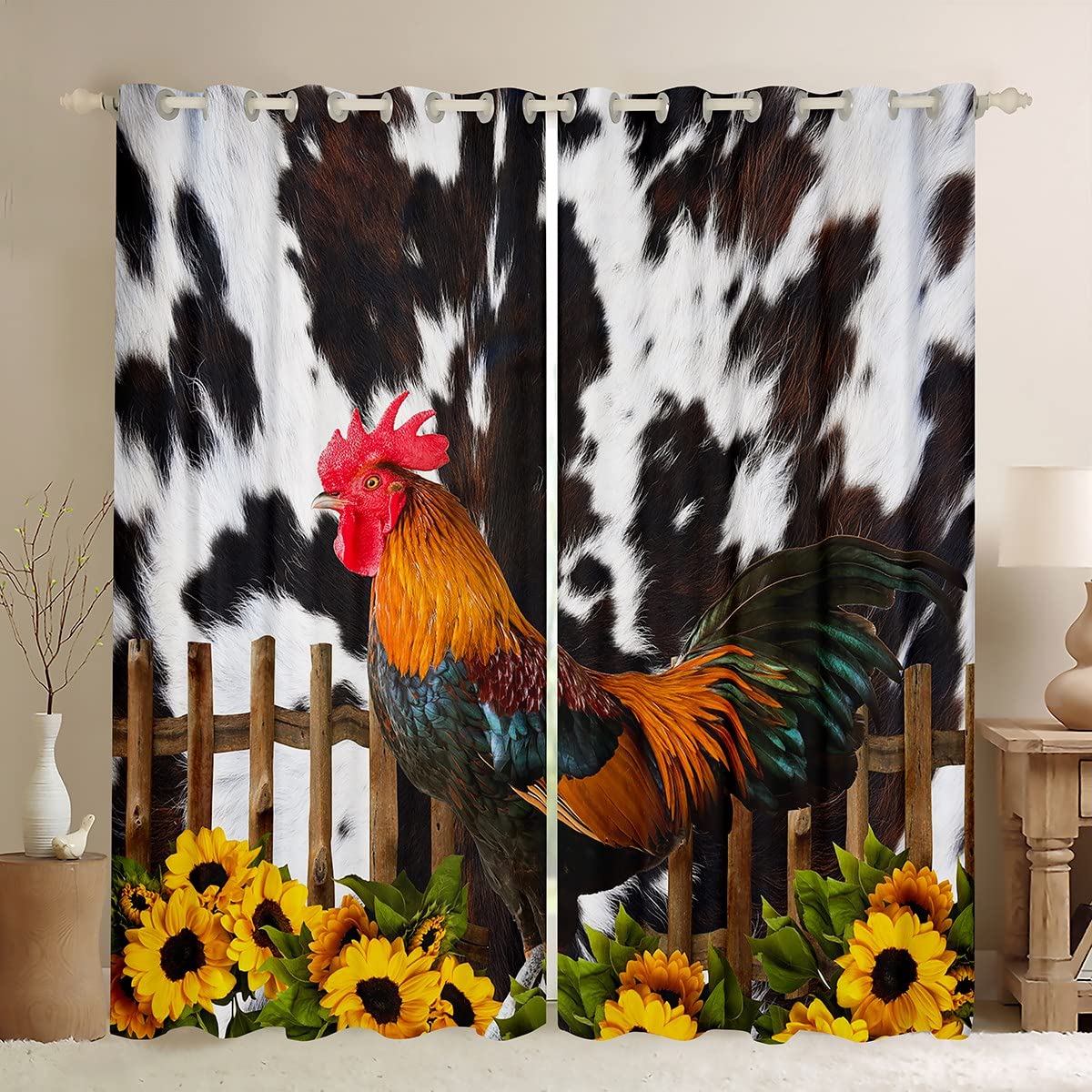 Tende Per Interni A Tema Mucca E Girasole – Set 2 Pezzi 140x180 Cm, Oscuranti, Con Occhielli