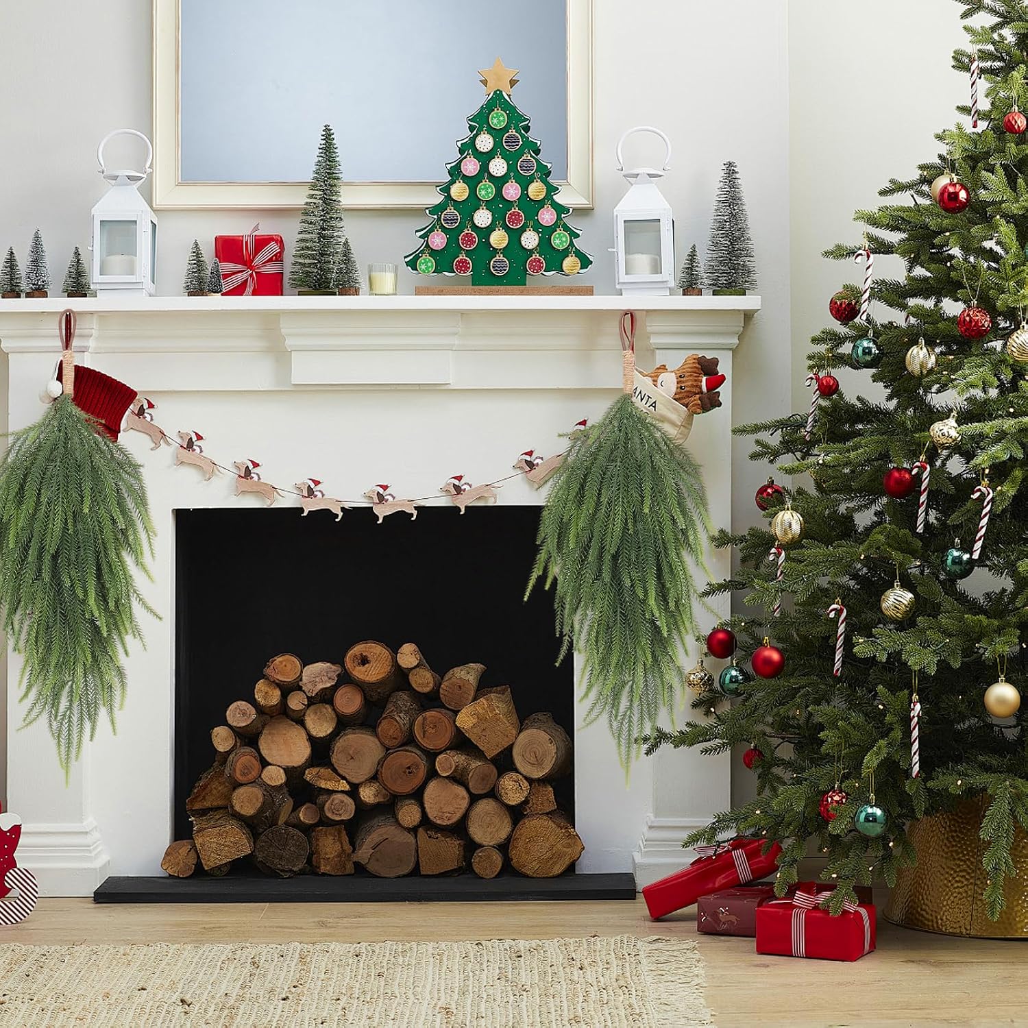 RECUTMS 2Pcs Christmas Norfolk Pine Garland 26Inch Hanging Teardrop Swag