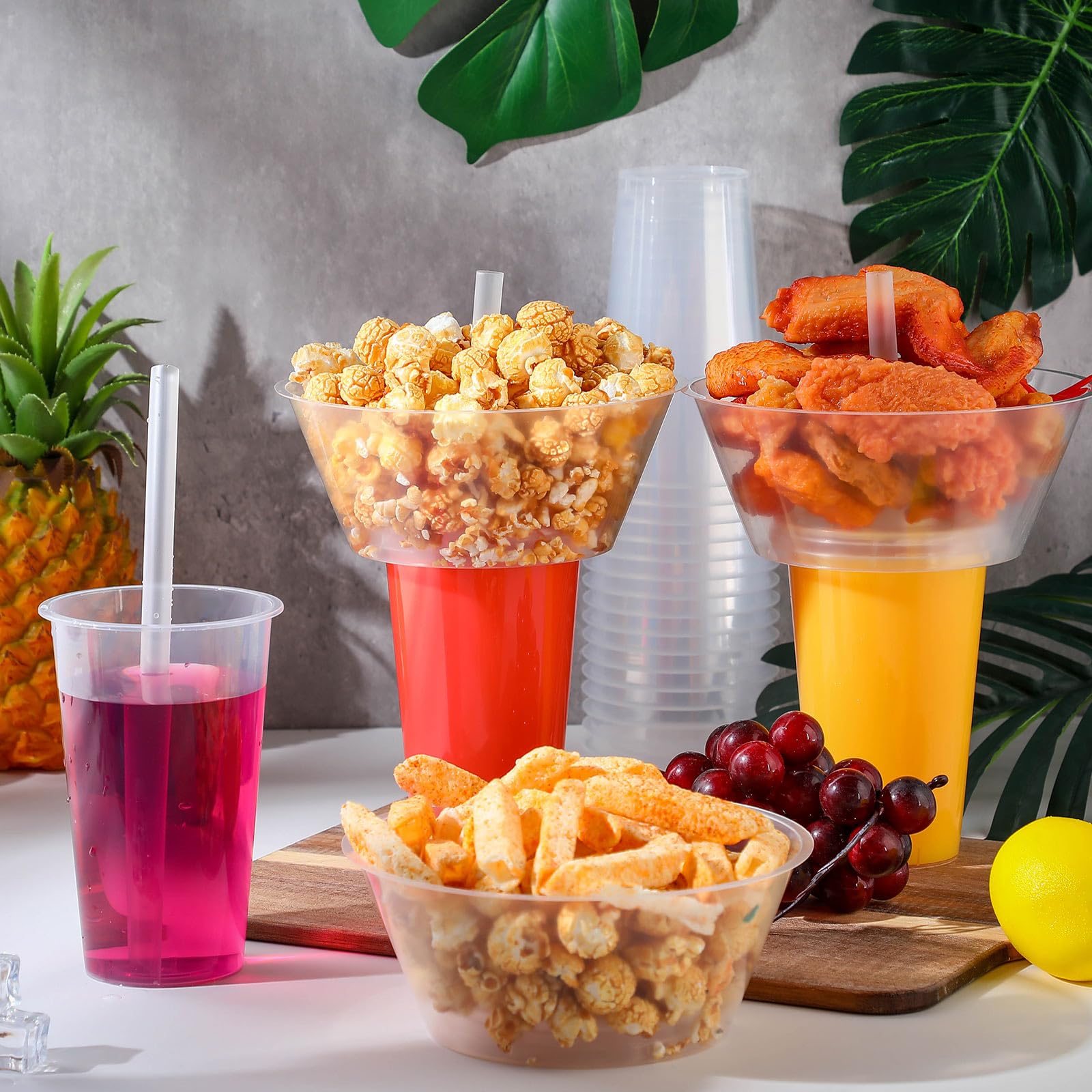 Amazon.com: SiliFine 25 Sets 2-in-1 Snack and Drink Cup with Straws, Clear  Plastic Stadium Tumblers with Snack Bowl Lid, Disposable Party Cups for  Movie Night, Road Trips & Stadium (Classic Size) :
