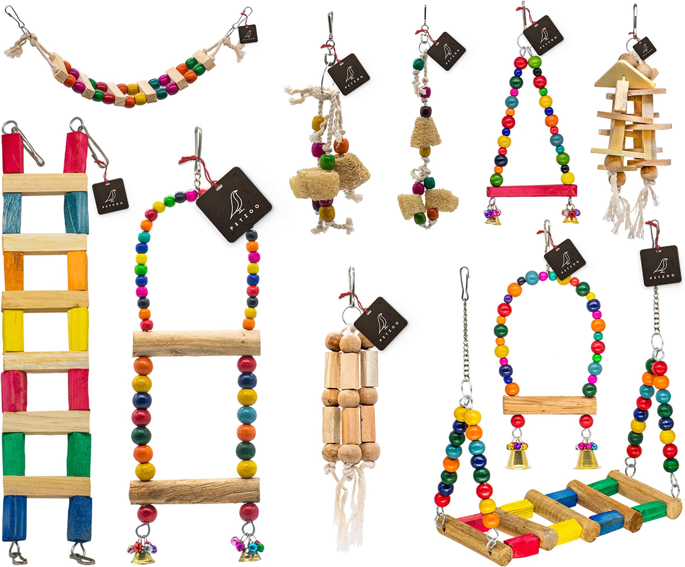 PETZOO Bird Toys Combo of 10 Cage Accessory for Budgies, Cockatiels, Love Birds, African Grey Parrots & All Big Birds and Parrots