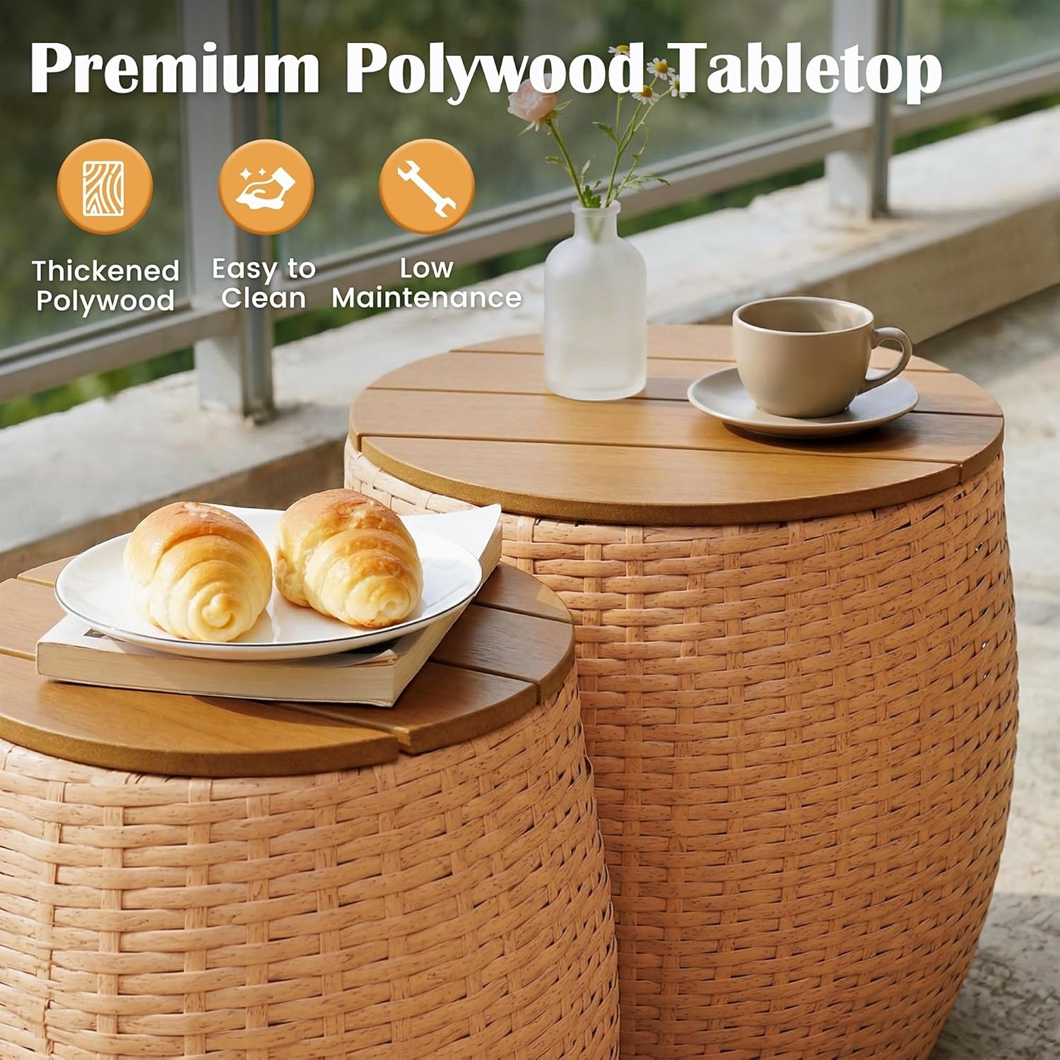 Sundale Outdoor Side Table Set of 2, Wicker Round Patio Barrel Side Tables with Storage Basket, Rattan End Table for Patio, Porch, Poolside, Garden Stool, Lounge Chair