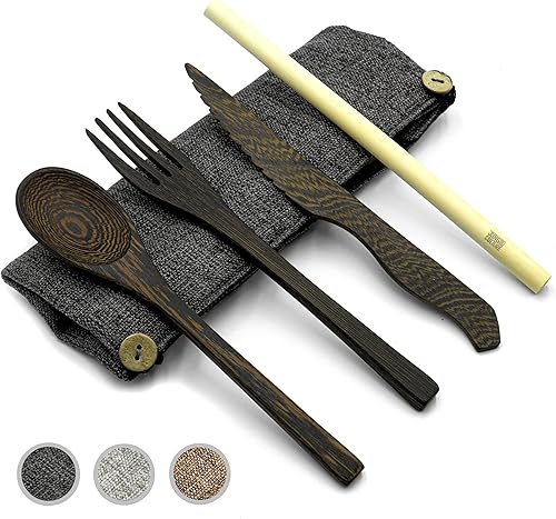 Jungle Culture Utensilios de viaje de madera de alta calidad  Cuchillo, tenedor, cuchara, pajita, estuche  Alternativa ecológica a los cubiertos de