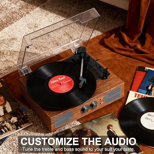 Miniatura 7 de Reproductor de discos de vinilo con altavoces estéreo integrados, tocadiscos de 3 velocidades con transmisión por correa, control de agudos y