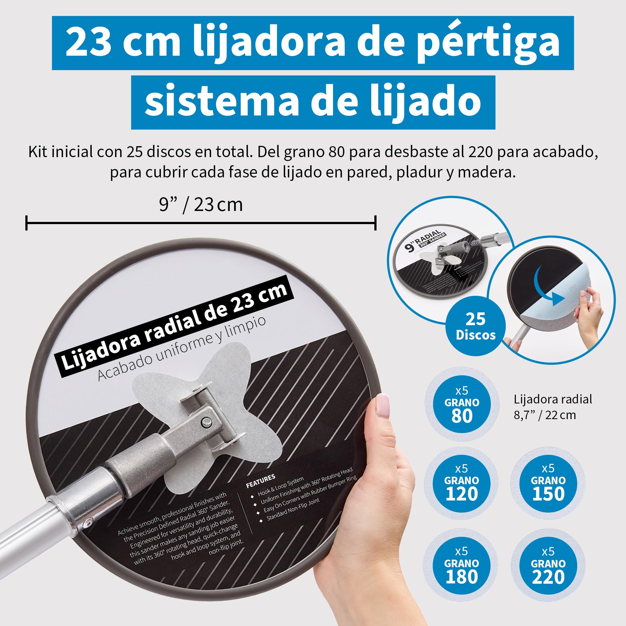 Precision Defined Lijadora Radial 23 cm Con Discos De Lija Con Velcro 80–220 Grano, Lijas Para Lijadora Orbital, Lijas Malla Para Pladur Y Pared, 25 Piezas