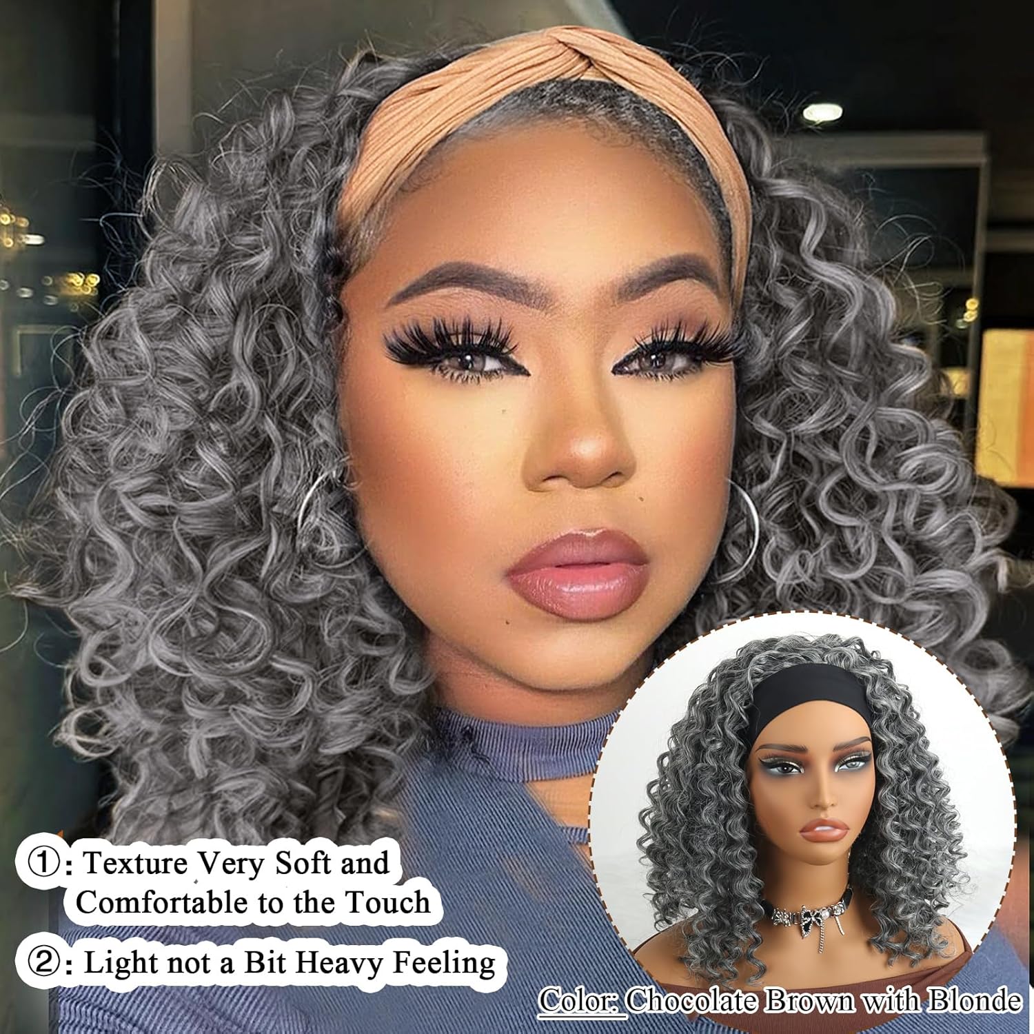 Aisaide Kinky Curly Headband Wig 12 Inch Grey Deep Curly Headband Wigs for Women Short Glueless No Lace Deep Curly Half Hair Wig Dark Silver Grey