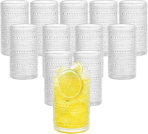 Juego de 12 vasos vintage con textura de hobnail de 15 onzas, vasos de barra transparente en relieve para cócteles, cerveza, whisky, vasos altos