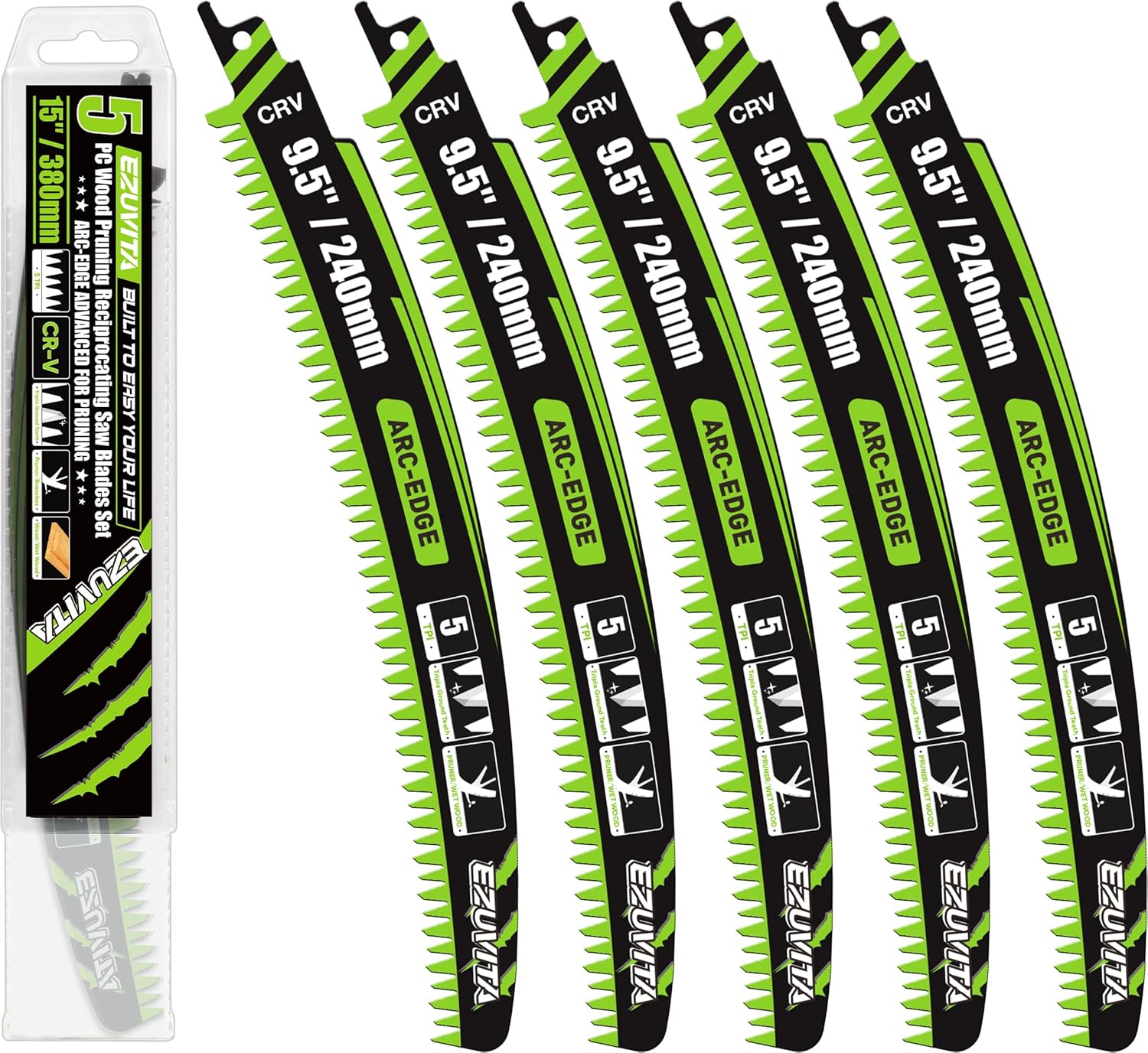 9.5-Inch Arc Curved Reciprocating Saw Blades Set with Storage Box – 5 Pieces, 5 TPI, CR-V Steel for Tree Trimming & Wood Pruning