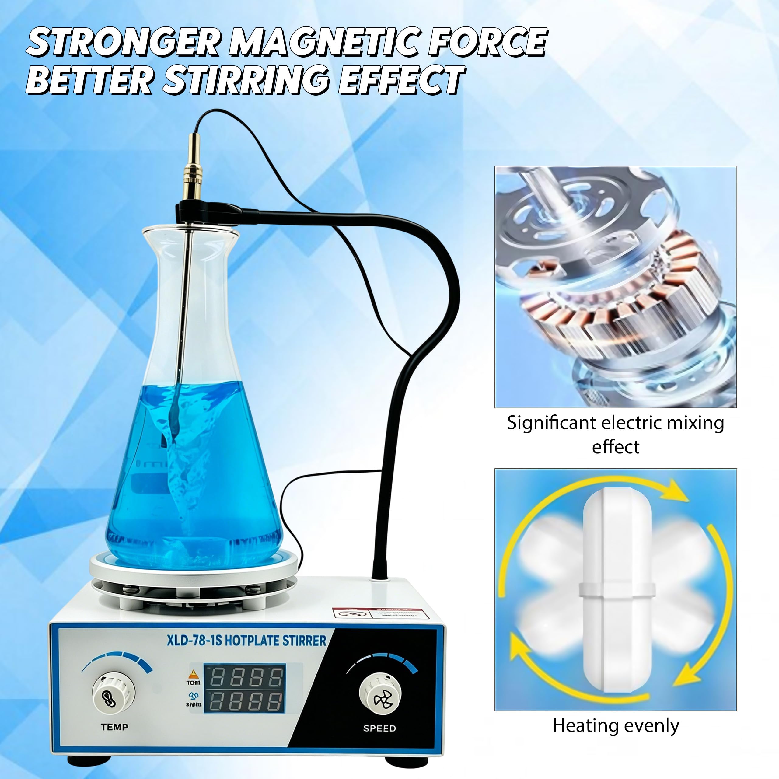 Agitatore magnetico con piastra riscaldante, 250 W, con regolatore di velocità da 300 – 2600 giri/min, display digitale Magnetic Stirrer con bastoncini magnetici a forma di C e asta girevole