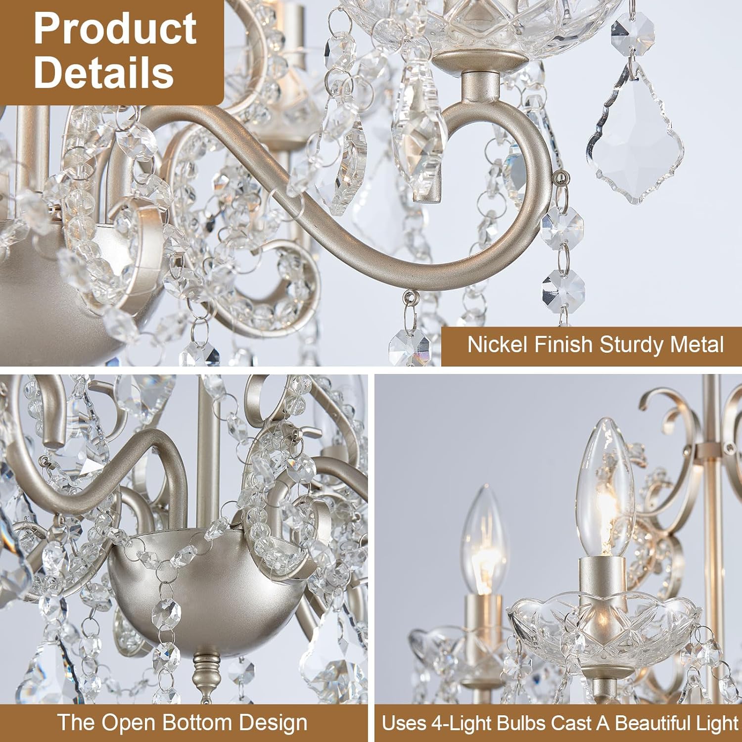 Crystal Chandelier Light Fixture, Modern K9 Crystal Chandeliers for Dining Room 4-Lights Nickel Pendant Ceiling Light Fixture for Entryway Kitchen Island Bathroom Bedroom Living Room, H 21" x W 17.7"