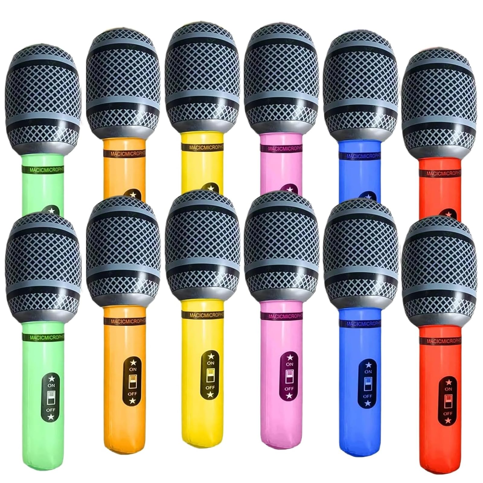 12 Pieces Blow Up Microphone, PVC Inflatable Microphones Assorted Colors (6 Hues, 2 Each) – Inflatable Party Props Toy Microphone, Microphone Prop for Musical Themed Parties & Celebrations (25cm Lengt