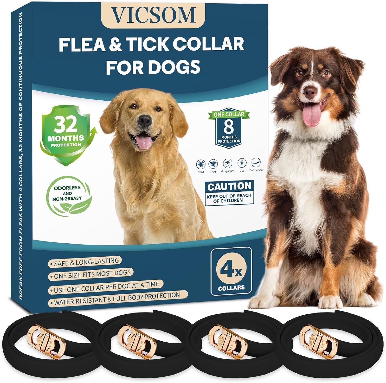 4 Pack Flea &amp; Tick Protection for Dogs, 32-Month Waterproof Adjustable Repellent Collar, Long-Lasting Pest Prevention for Small Medium Large Breeds, Black ClimeCo Certified