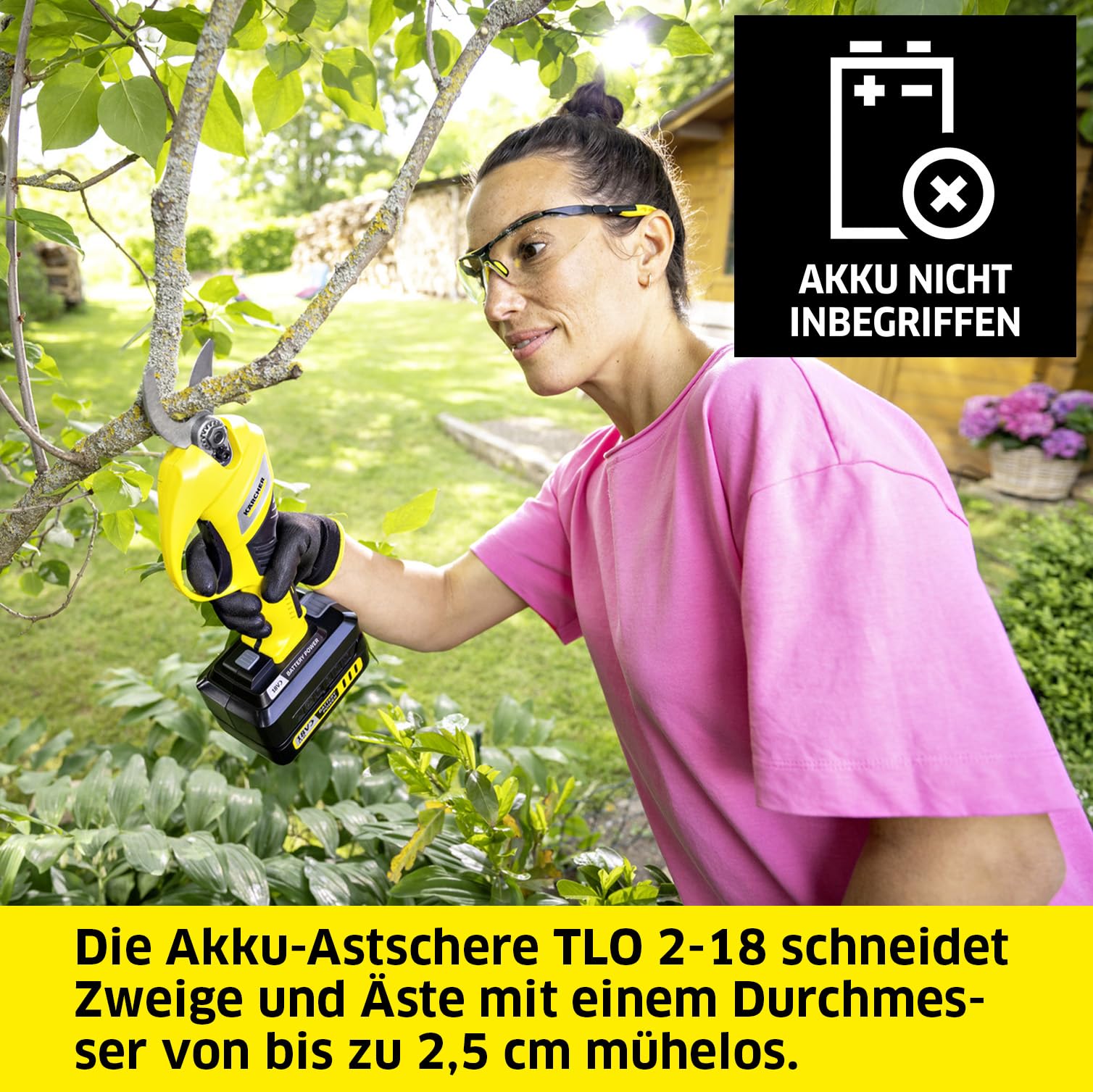 Kärcher Akku-Astschere TLO 2-18, Bürstenmotor, Bypassklinge, Schnittstärke: bis zu 2,5 cm, bis zu 1.400 Schnitte je Akkuladung, verwendbar mit dem Kärcher 18 V Akku, ohne Akku und Ladegerät