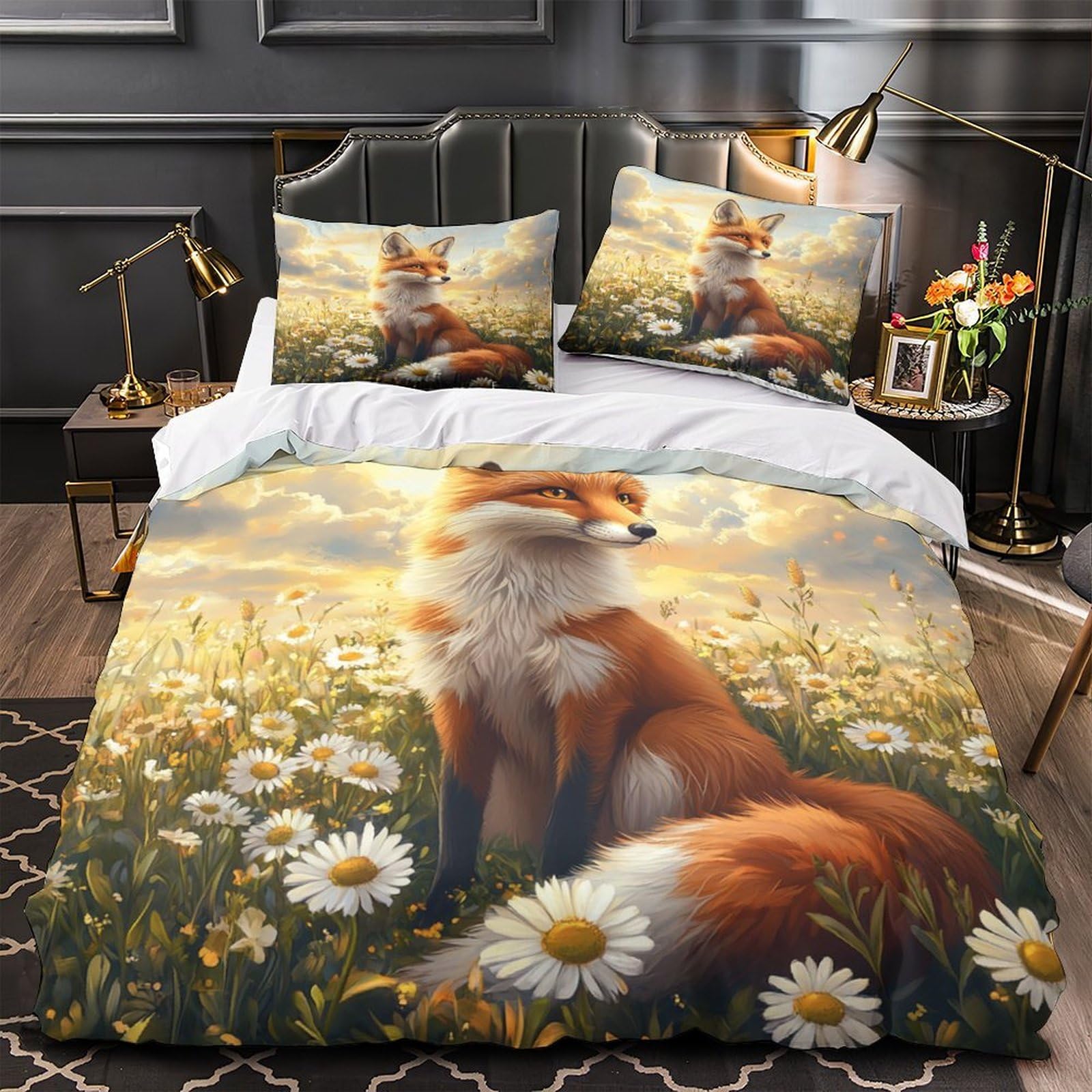 Parure de lit renard 135x200 avec drap de couette microfibre et 2 taies d'oreiller enfants