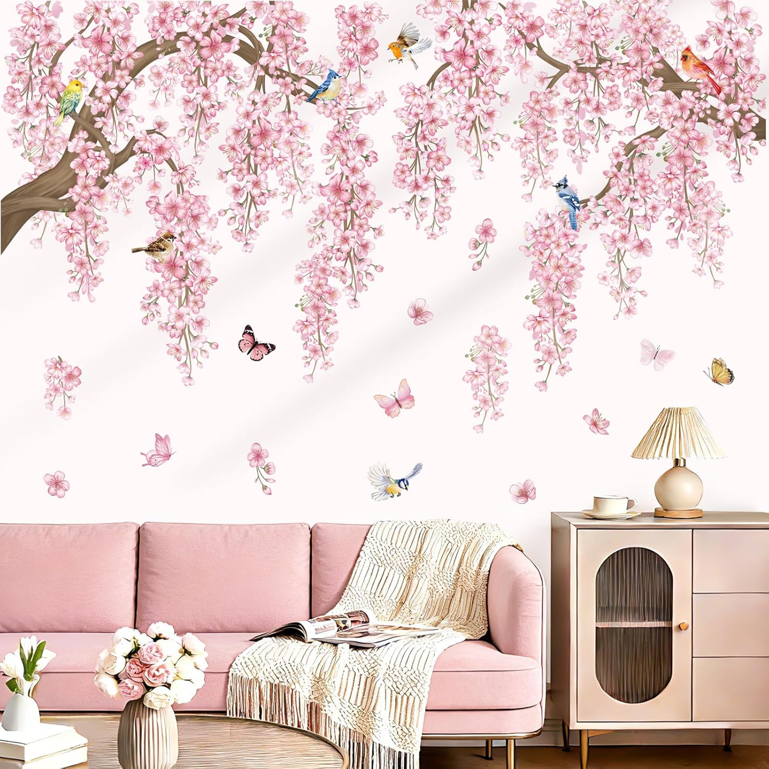 wondever Large Pink Flowers Tree Branch Wall Stickers Cherry Blossom Floral Birds Peel and Stick Wall Art Decals for Living Room Bedroom Sofa